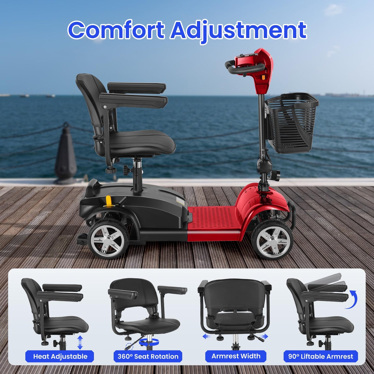 Wooken Mobility Scooters for Seniors, Adults, 4 Wheels Foldable Powered Mobility Scooter 264 lbs All Terrain, Compact Heavy Duty Electric Powered Wheelchair with Seat for Travel, Smart Safety System
