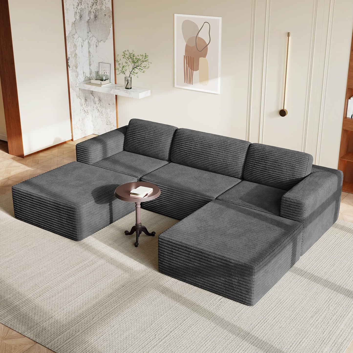 119" U-Shaped Modular Cloud Sofa, Corduroy Sectional Couch with Extra Deep Seats & Durable Spring Support, Convertible Boneless Sofa Set with Dual Ottomans, No Assembly, Grey