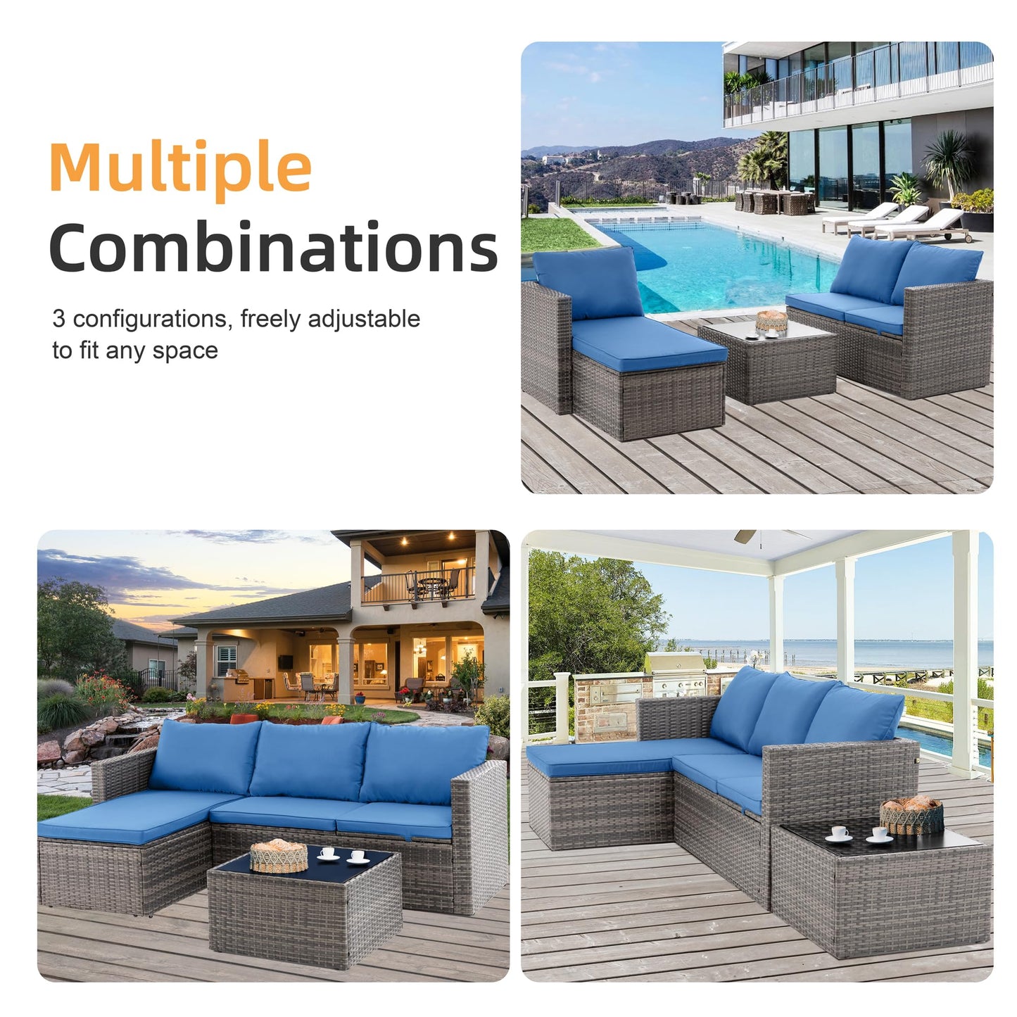 Shintenchi 4 Pieces Patio Furniture Set, 2-in-1 Convertible Sectional Sofa & Chaise Lounge, All-Weather Wicker Rattan Sofa Couch with Cushions & Coffee Table for Yard, Garden, Porch, Poolside (Blue)