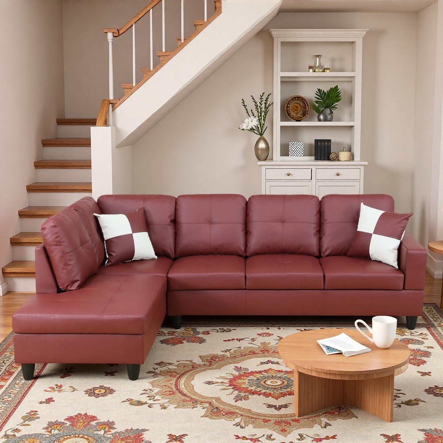 Trygoal L-Shaped Sectional Sofa, Modern 4-Seat Couch with Left Facing Chaise, Leather Sectional Couch for Living Room, Apartment, Office, Dark Red