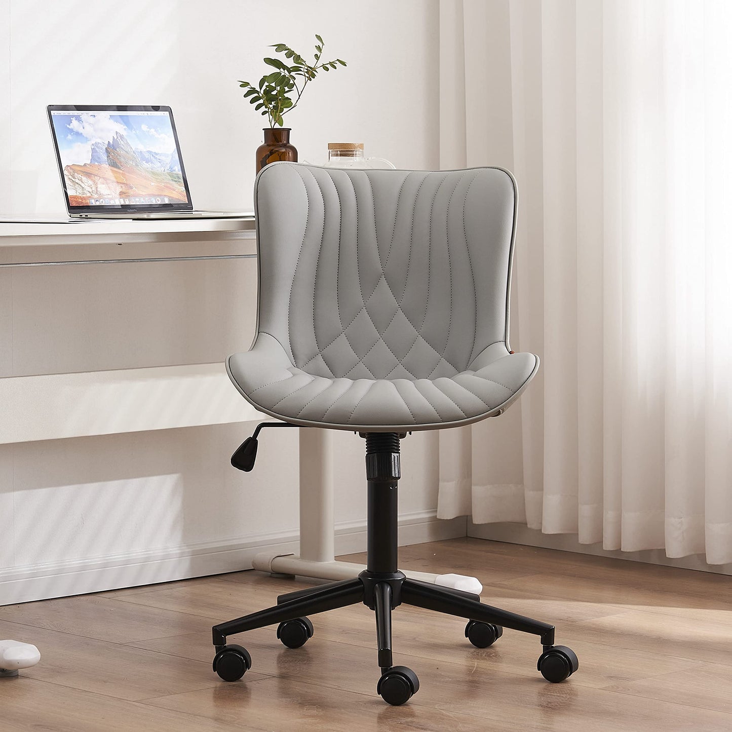 YOUNIKE Office Chair, Armless Desk Chair with Wheels, Adjustable Swivel Rolling Home Office Computer Task Chairs, Modern Faux Leather Upholstered Vanity Chair, Grey