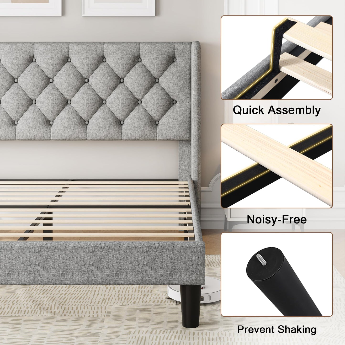 Einhomn Queen Size Platform Bed Frame with Fabric Upholstered Wingback Headboard, 9" Under Bed Space, Wooden & Metal Slats Support, No Box Spring Needed, Light Gray