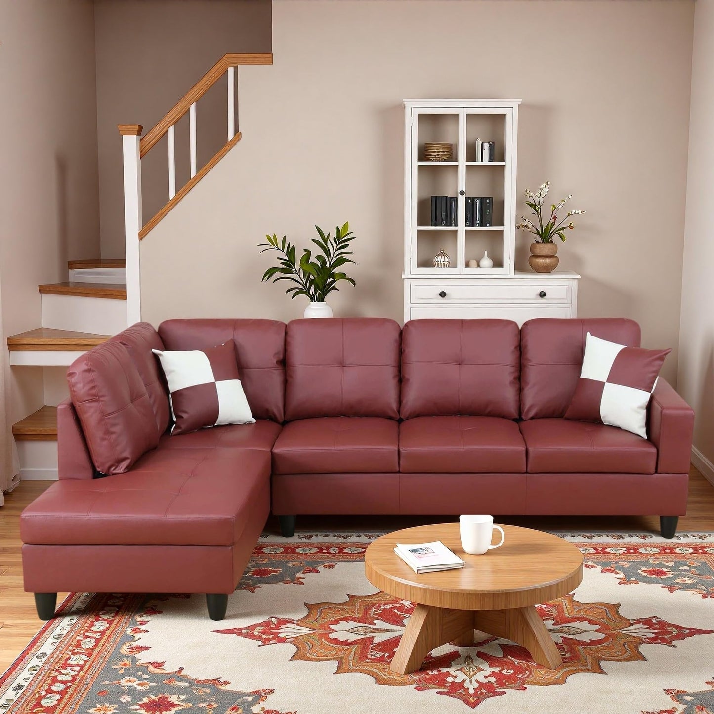 Trygoal L-Shaped Sectional Sofa, Modern 4-Seat Couch with Left Facing Chaise, Leather Sectional Couch for Living Room, Apartment, Office, Dark Red