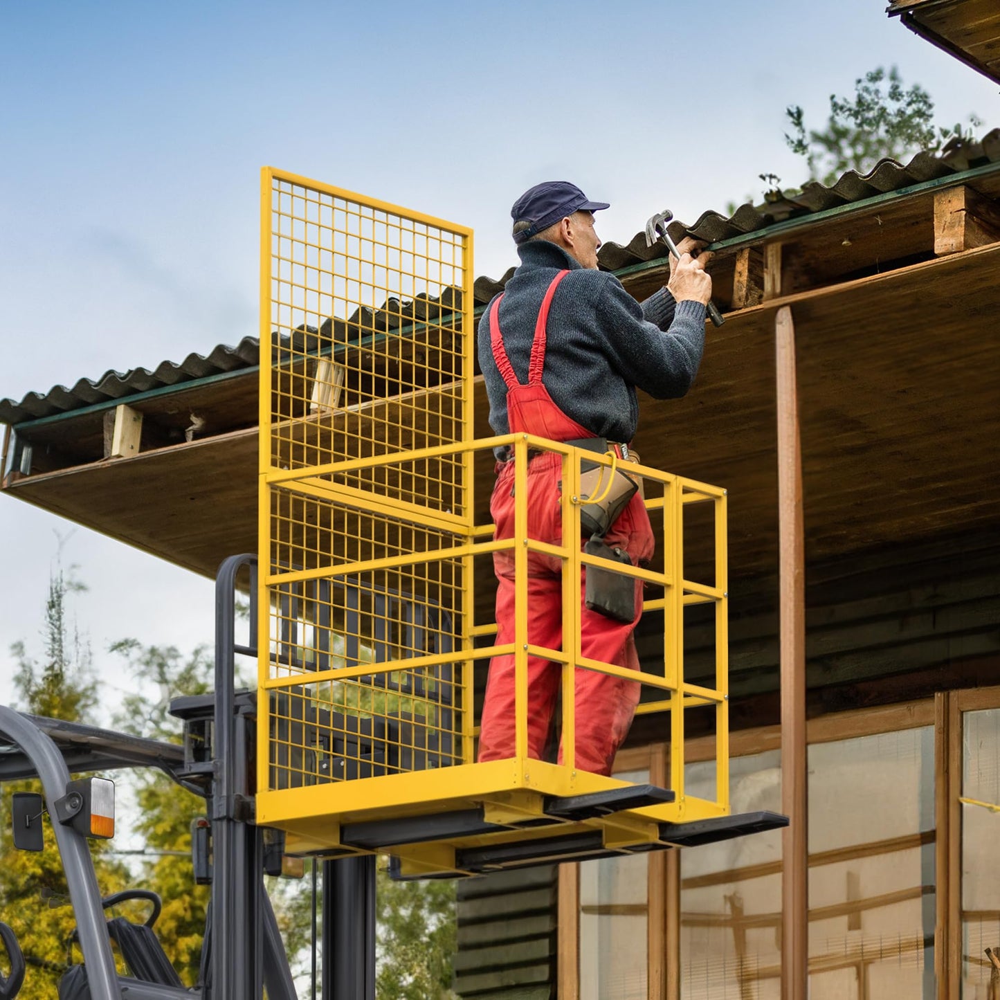 YITAMOTOR 43"x45" Forklift Safety Cage, 1400 LBS Yellow Capacity Forklift Work Platform with Safety Harness, Collapsible Lift Basket Aerial Platform for Lifting Loader