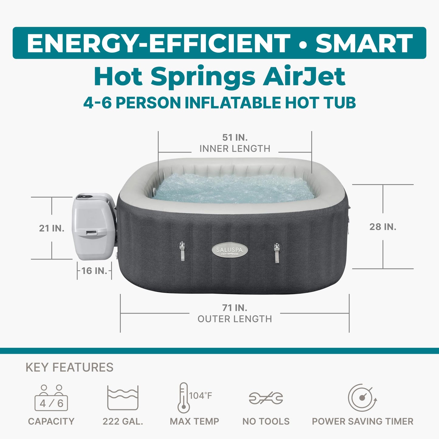 Bestway SaluSpa Hot Springs Inflatable Hot Tub, 4-6 Adults, 140 AirJets, EnergySense Walls & Cover, Smart WiFi App & Spa Control Panel, MaxHold Construction, Stone Grey Knit, 71" x 71" x 28" Square