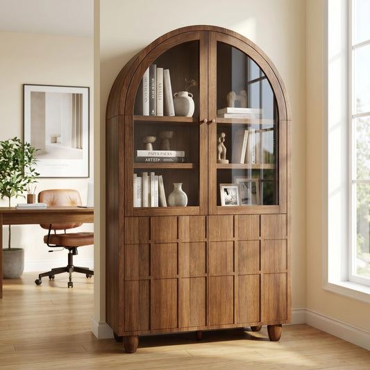 NicBex 71'' Tall Arched Cabinet with Fluted Door, Display Cabinet with Adjustable Shelves Display Cabinet, Mid Century Modern Round Top Cabinet for Living Room, Office, Entryway, Walnut