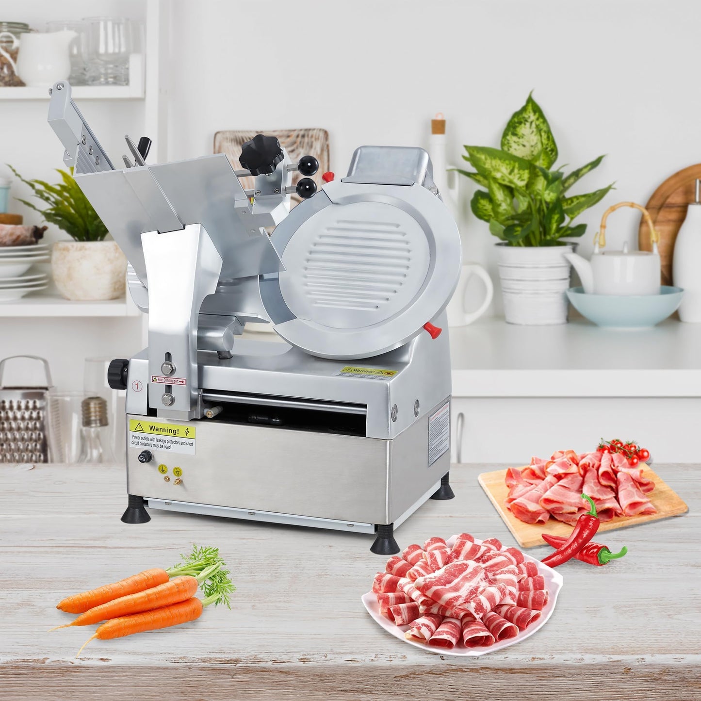 Commercial Electric Meat Slicer, 12" Steel Blade, 550W Dual Motors, 0–14mm Adjustable Thickness, Built-in Sharpener, Heavy Duty Automatic Food Slicer for Meat, Bread, Frozen Foods, YQR-300