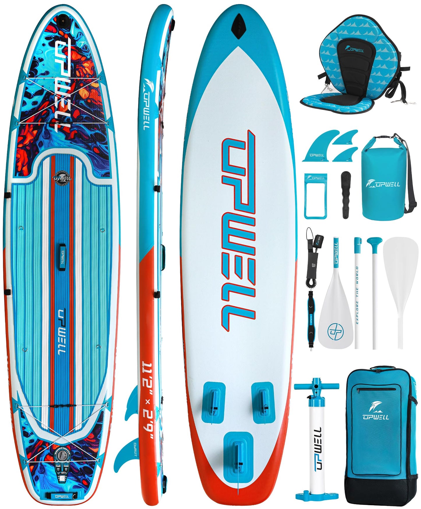 UPWELL 11’2”Inflatable Stand Up Paddle Board with Kayak Seat, Premium SUP Paddle Boards for Adults, Blow up Paddle Boards 6” Thick, Lava