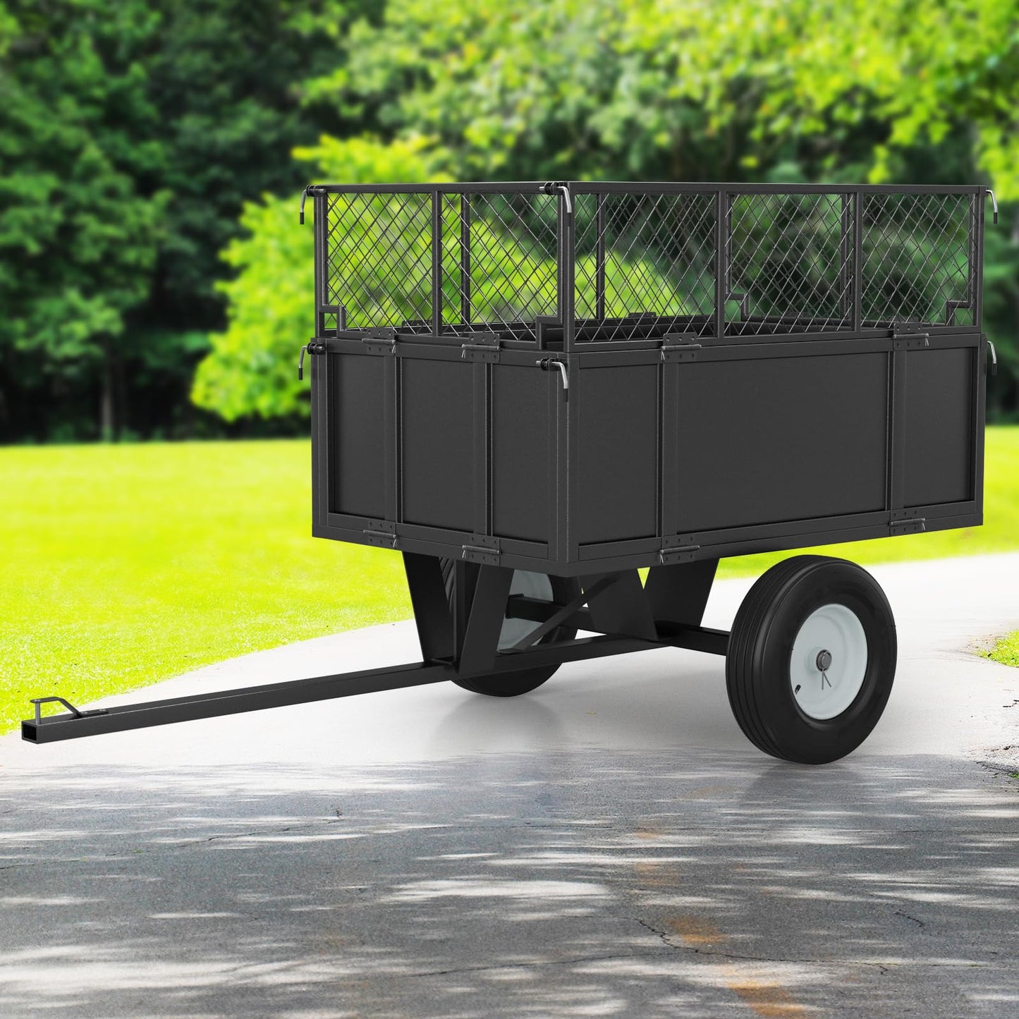 Garden Utility Trailer, ATV UTV Trailer Tow Behind Dump Cart, Heavy Duty 750lbs Garden Dump Cart with 17 Cu. Ft Bed, Steel Dump Trailer for Lawn Mower, Tractor, Removable Sides, Pneumatic Tires, Black