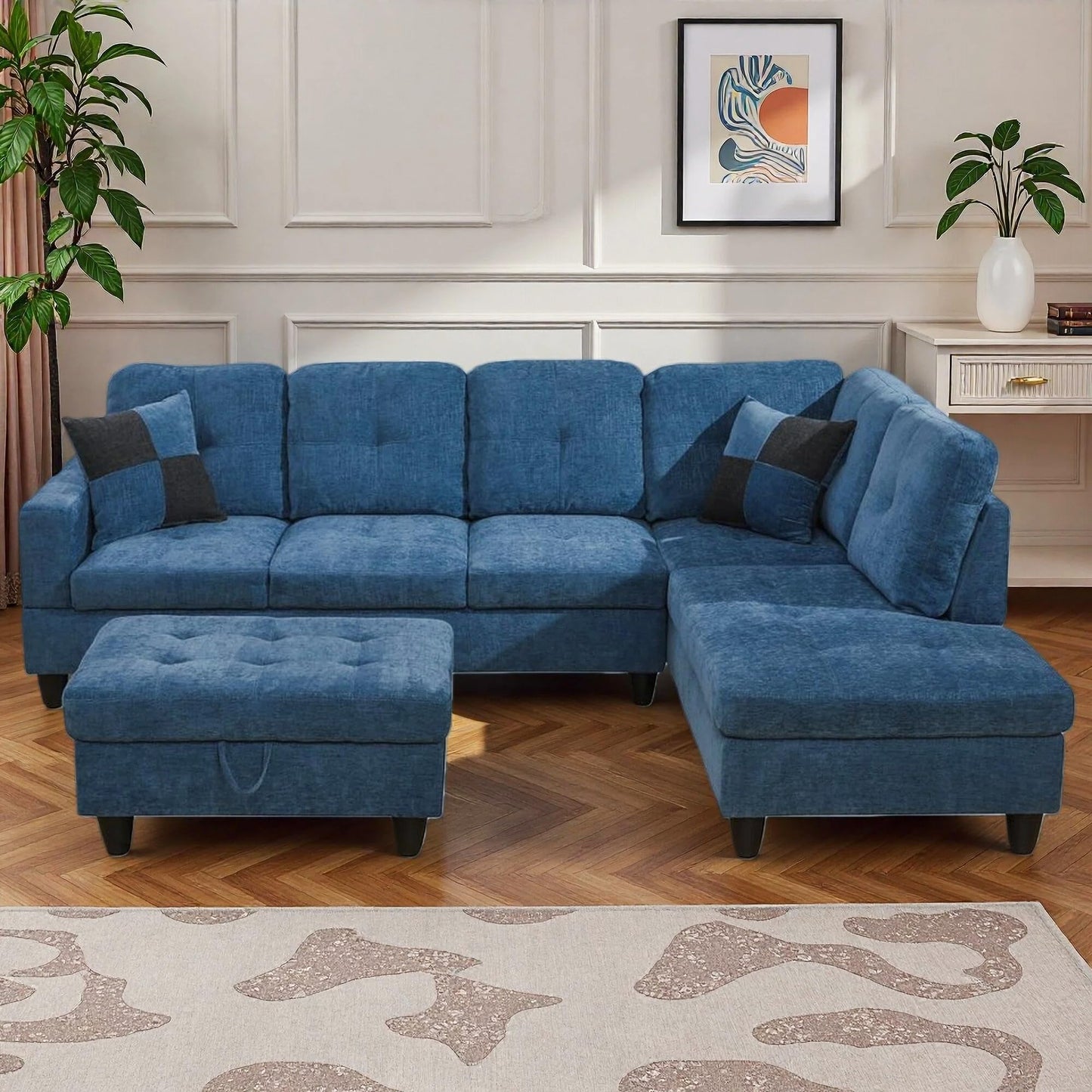 Trygoal 103.5" Sectional Couches for Living Room, Leather 4 Seat L Shaped Couch with Chaise, 3-Piece Modular Sofa with Storage Ottoman, Home Furniture Sets for Apartment Office, Blue