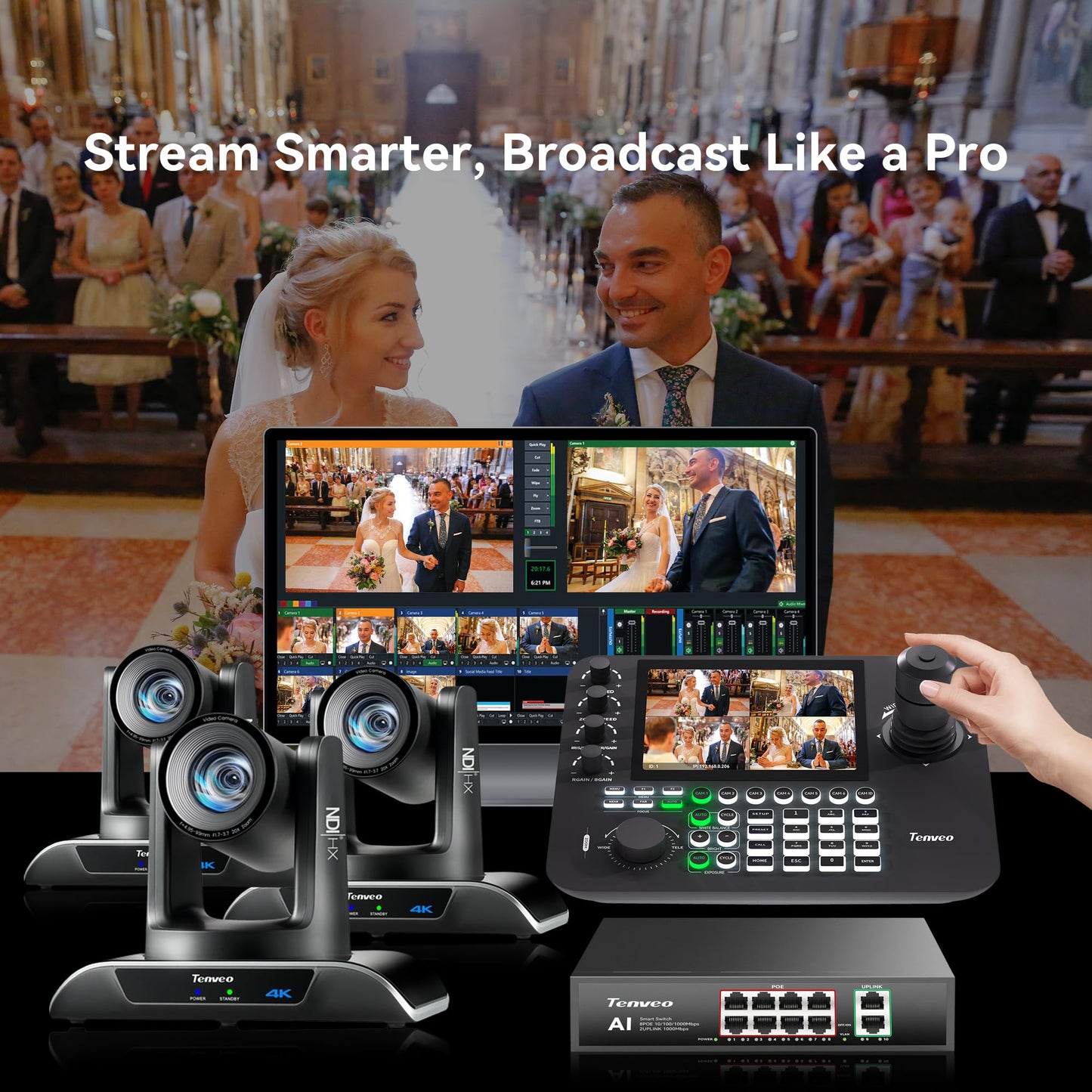 Tenveo 4K 20X NDI PTZ Camera with AI Humanoid & Face Auto-Tracking HDMI/USB3.0/LAN(PoE) (3pcs) and 7’’ LCD Quad-Screen NDI PTZ Joystick Controller and 8 Port PoE Switch Bundle/Kit for Live Production