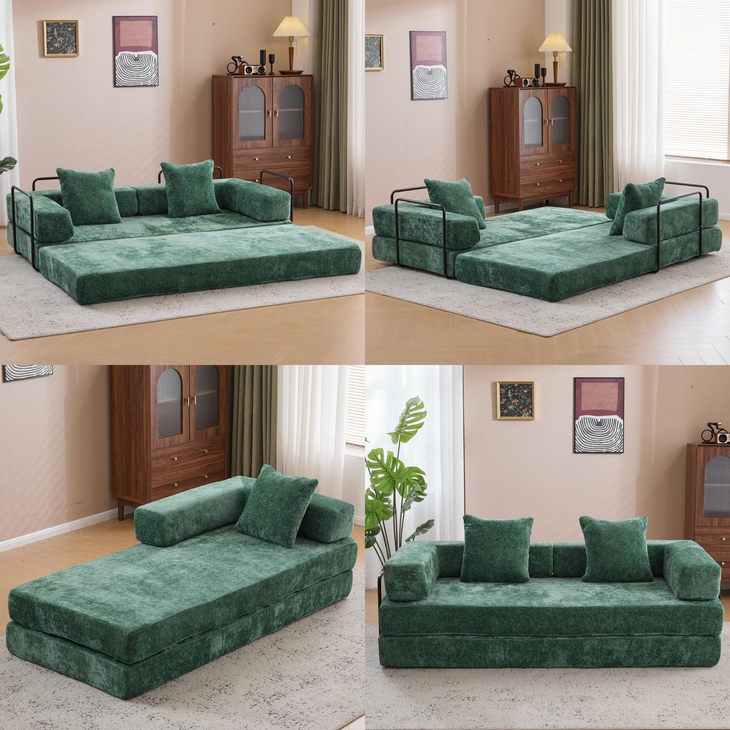 Trygoal 78”Convertible Sofa Bed, 4-in-1 Futon Boneless Couch with Armrest & Pillows, Compressed Chenille Folding Sleeper Bed for Living Room, Guest Room and Dorm, Dark Green