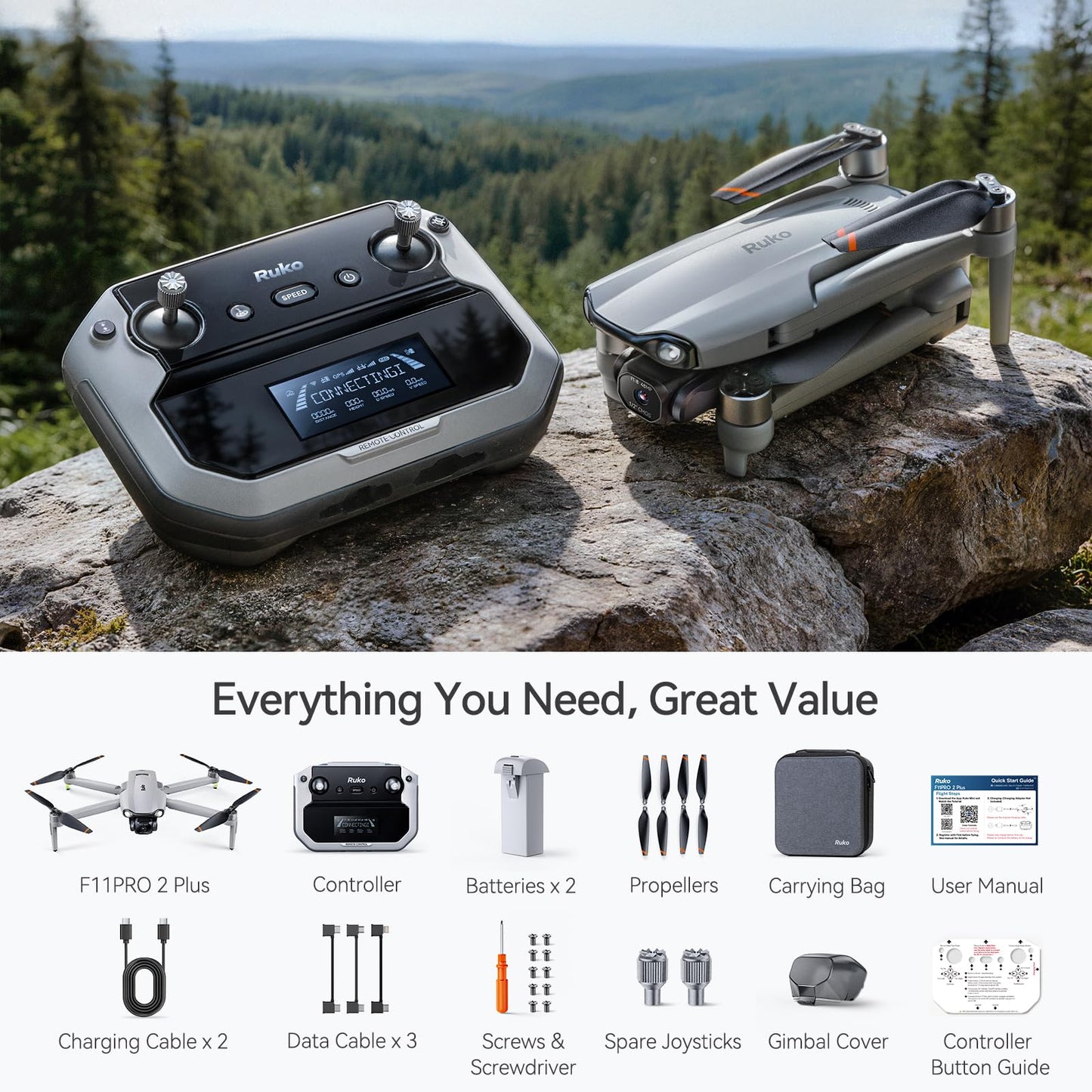 Ruko F11PRO 2 Plus Drones with Camera for Adults, 48MP 8K Photo, 3-Axis Gimbal Stabilizer, 74 Mins Flight Time (2 Batteries), 20,000ft Transmission, Beginner-Friendly Tech Gift