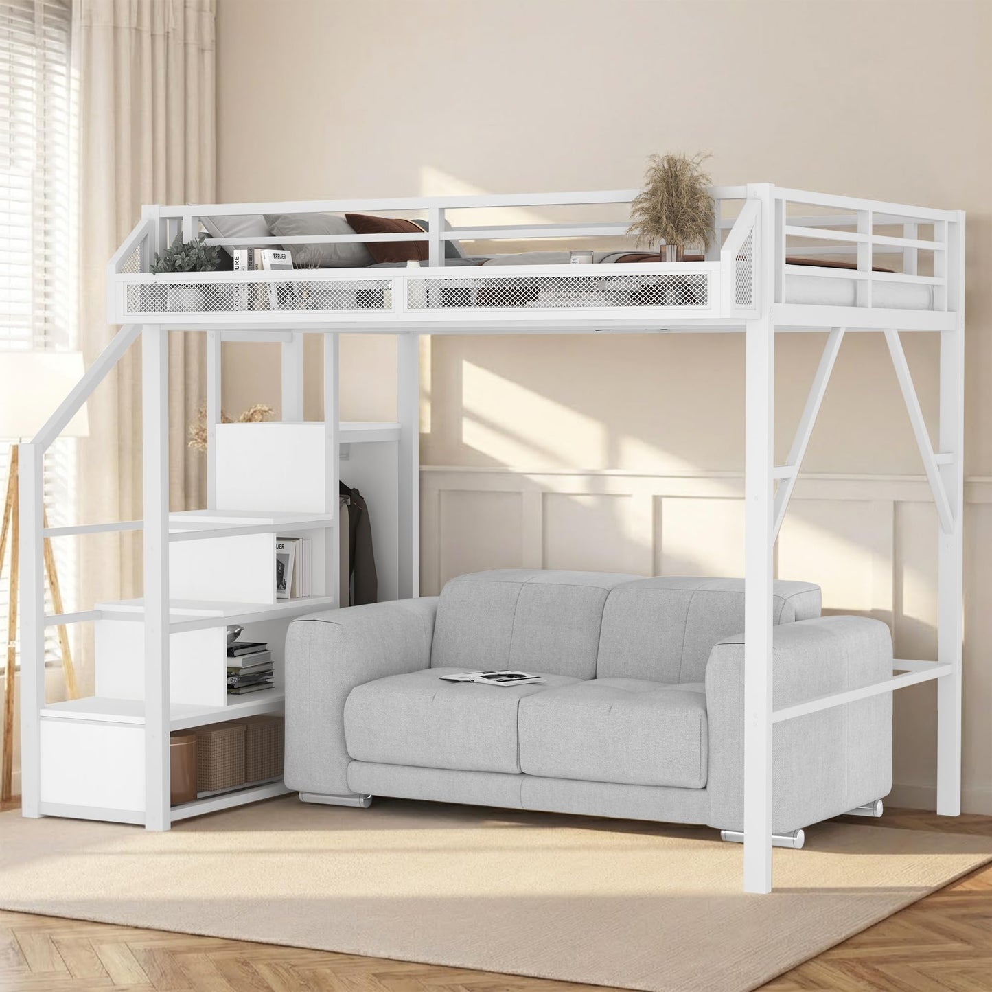 IZLKQC Full Size Loft Bed with Built-in Storage Stairs, Wardrobe, Metal High Loft Bed Frame with Sided Guardrail, Solid Slats, Space Saving Loft Bunk Bed Frame with Wardrobe for Kids Teens, White