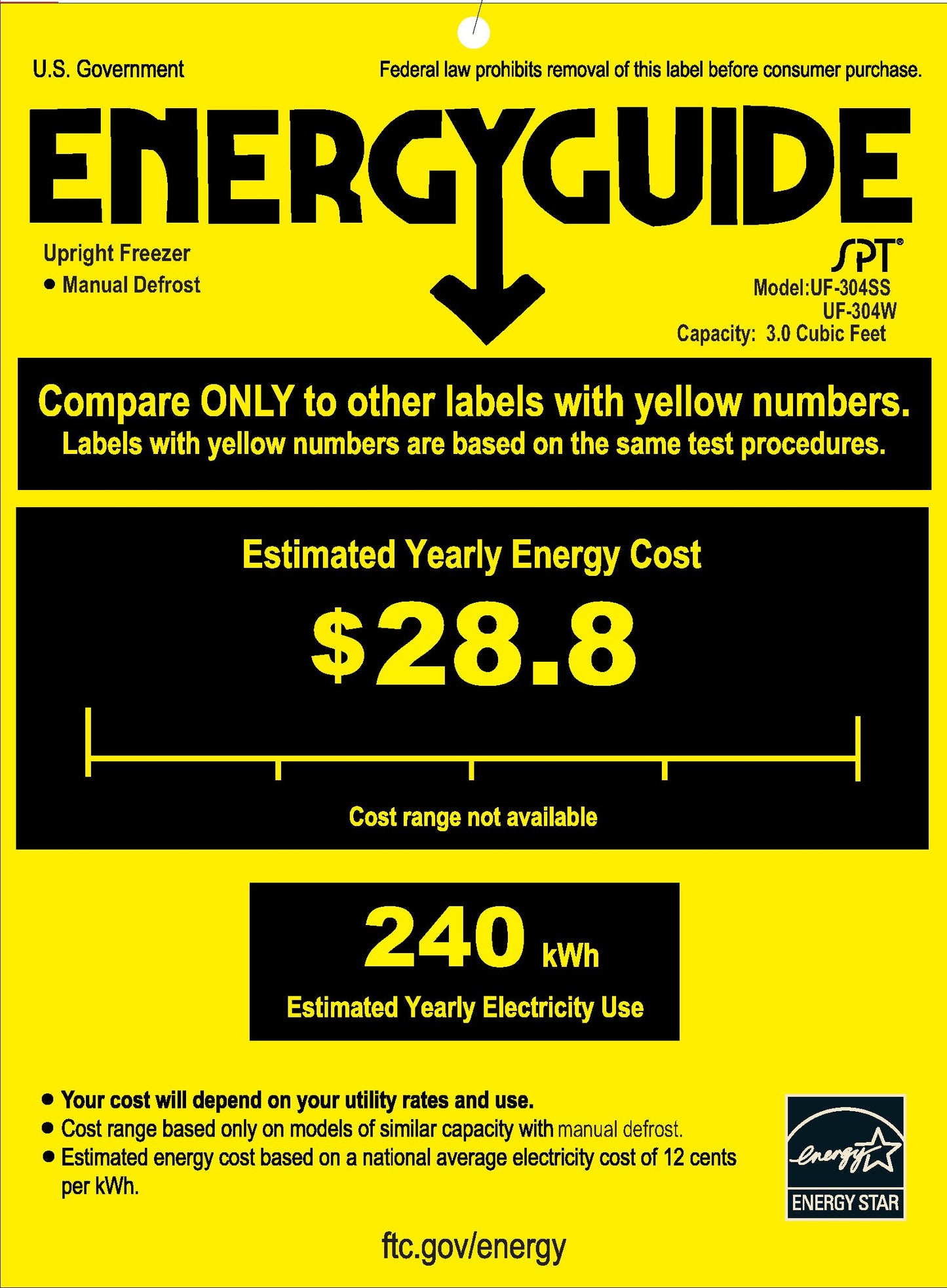 SPT UF-304SS Energy Star Upright Freezer, 3.0 Cubic Feet, Stainless Steel