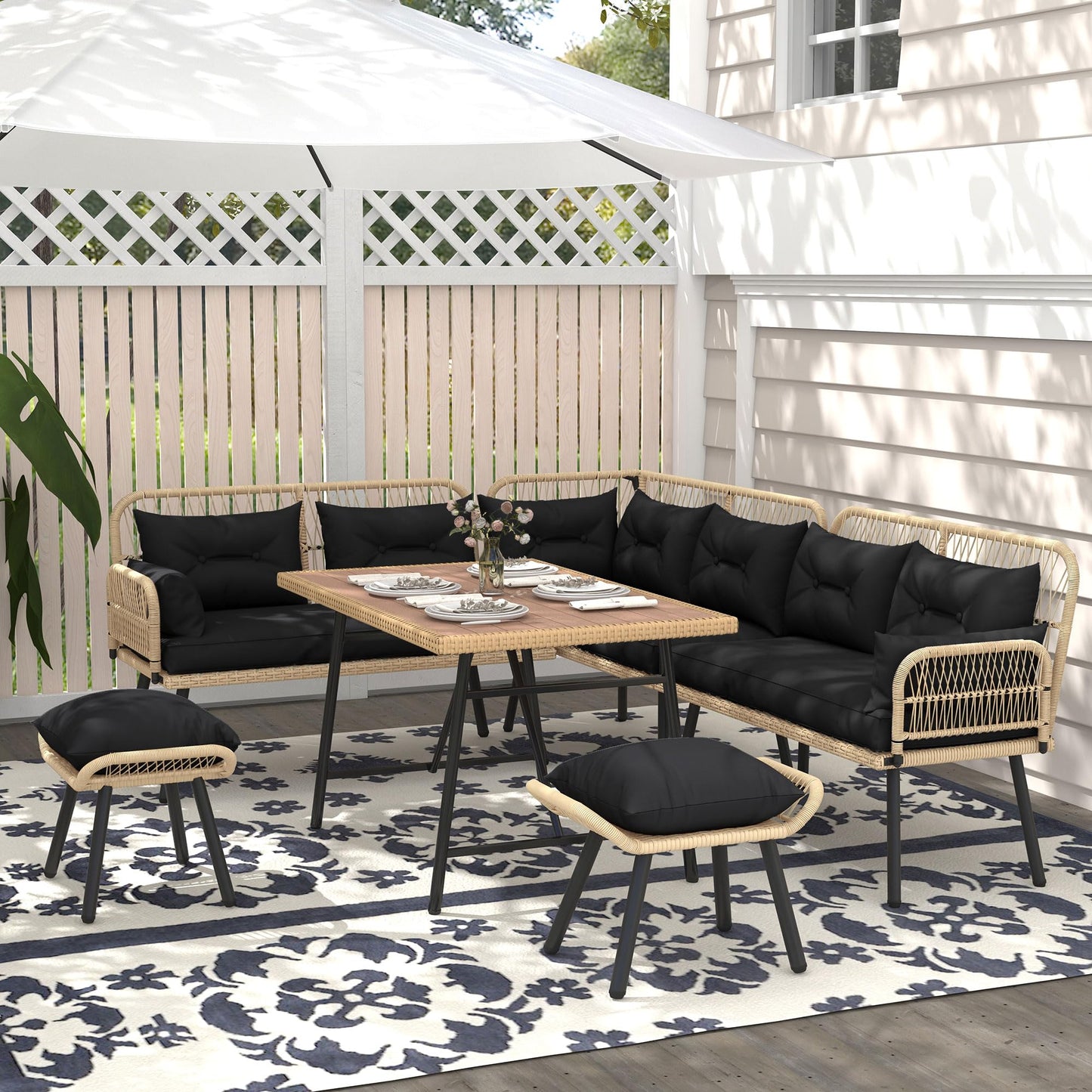YITAHOME L-Shaped Patio Furniture Set, All-Weather Rattan Outdoor Conversation Sofa with Soft Cushions, Ottomans & Plastic Wood Dining Table for Backyard Deck, Light Brown + Black