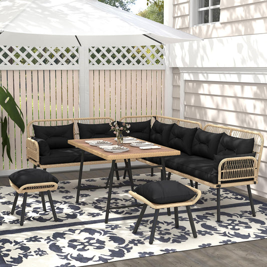 YITAHOME L-Shaped Patio Furniture Set, All-Weather Rattan Outdoor Conversation Sofa with Soft Cushions, Ottomans & Plastic Wood Dining Table for Backyard Deck, Light Brown + Black