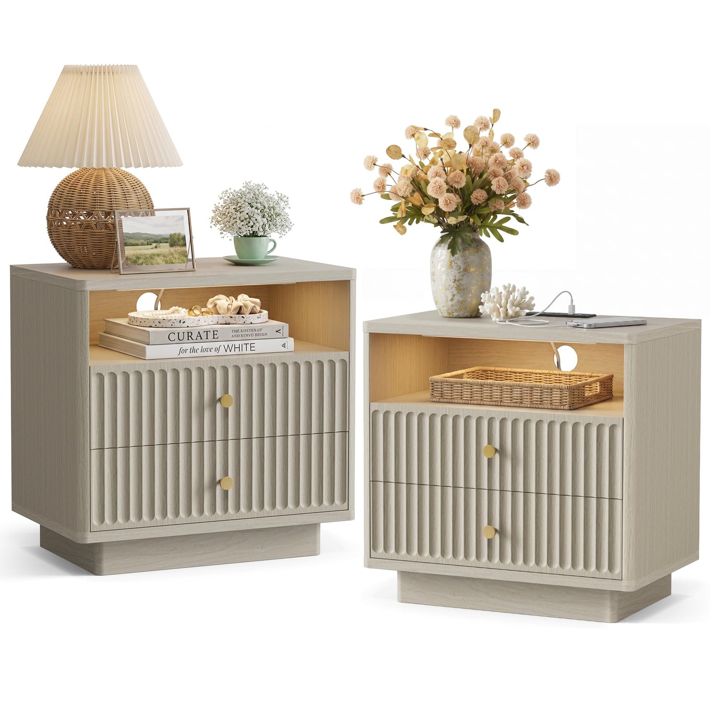 PAPROOS 23'' Fluted Nightstand Set of 2 with Charging Station, Modern Bedside Table with Motion Sensor LED Light, 2-Drawer Storage Cabinet for Bedroom & Home Office (2 pc Beige Gray)