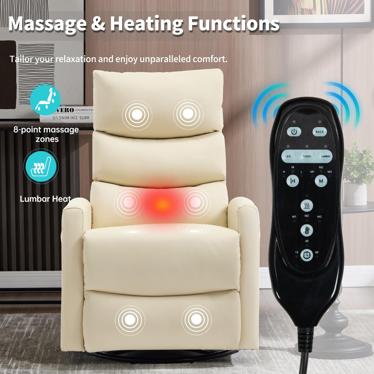 KEIKI 4-in-1 Manual Swivel Rocker Recliner Chair for Home Living Room, Faux Leather Chair with Back Massager & Heat, Home Theater Seating with Lumbar Support, Recliner Office Chairs for Adults, Beige