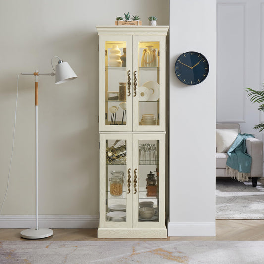 KEIKI 71" Corner Glass Display Cabinet with Adjustable Shelves, for Collectibles, Modern Storage Curio Cabinet with Vintage Carved Handle, 6-Tier Showcase Display Case, for Living Room, Antique White