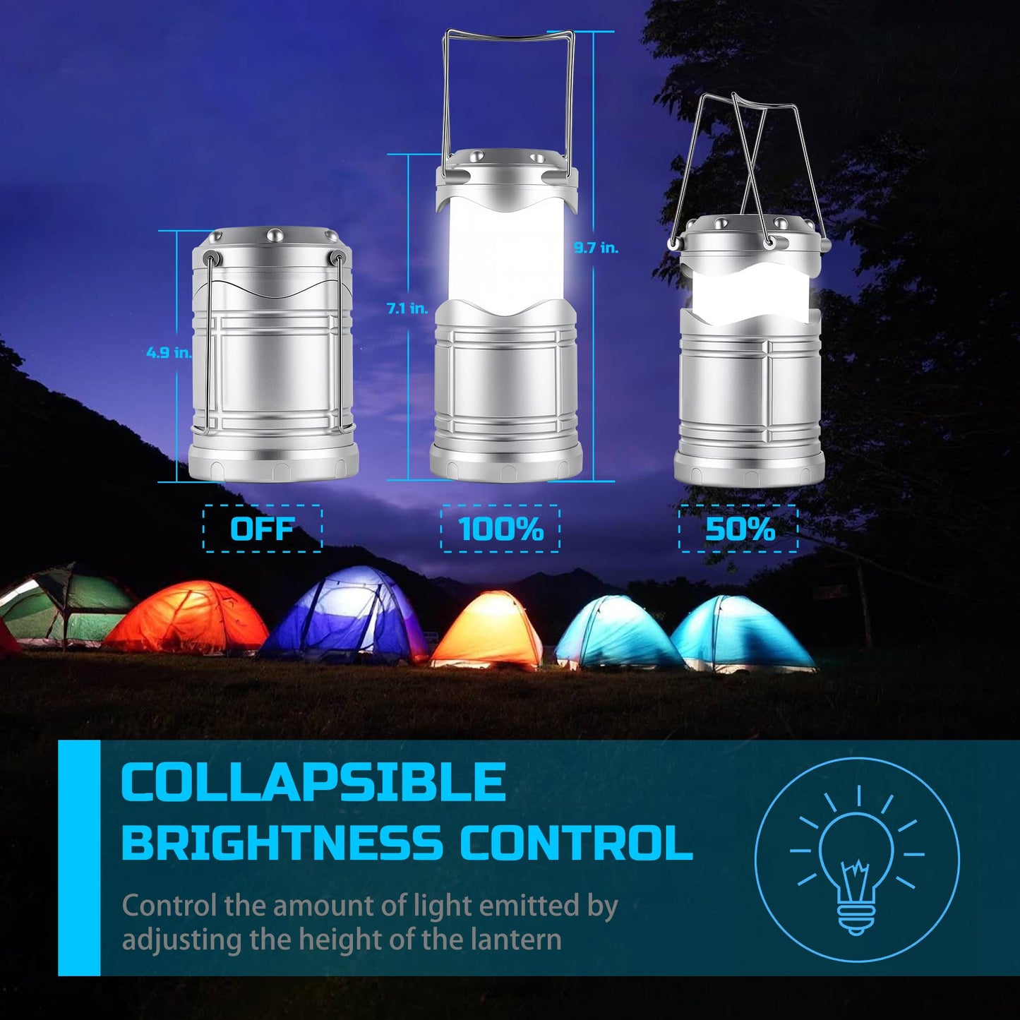 Lichamp LED Camping Lantern, 4 Pack Battery Powered, Portable Collapsible Light, Silver, Model CLS-B004SL