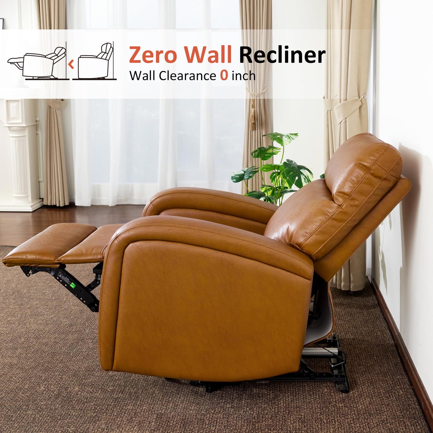 MCombo Zero Wall Recliner Chair, Power Wall Hugger Recliner with USB & Type-C Dual Charge Ports for Small Space, Living Room, RV PR644 (Cognac Brown)