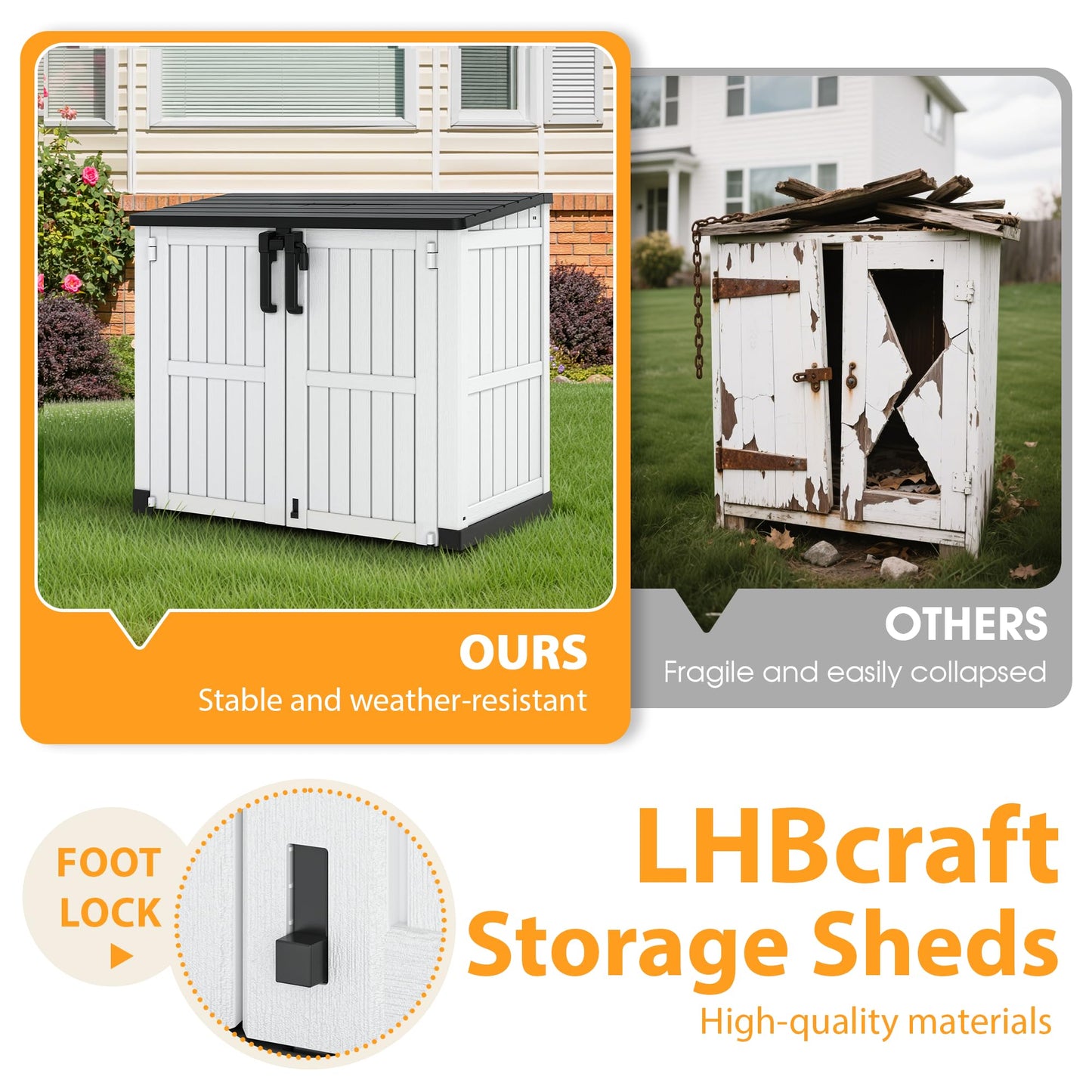 LHBcraft Outdoor Storage Cabinet 36 Cu Ft with Lockable Doors, Portable Horizontal Resin Storage Shed - Easy to Assemble, Waterproof Small Storage Shed with Floor