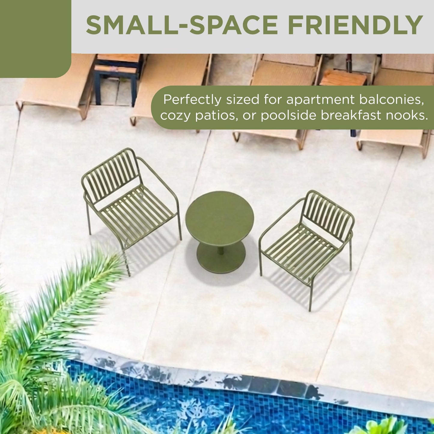 Alpine Corporation VTFAM152A Metal Outdoor Bistro Set, 3-Piece Patio Conversation Set with Round Side Table & 2 Chairs, Weather-Resistant Steel Frame, Compact Balcony Furniture, Green