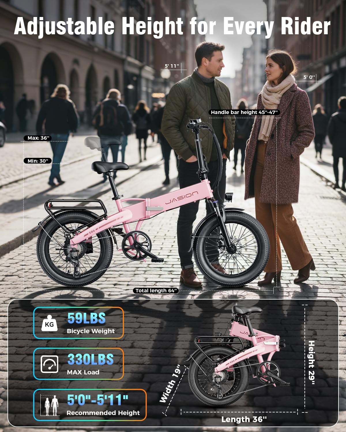 Jasion EBS Folding Electric Bike for Adults, Compact Portable 20" Fat Tire Ebike with 1200W Peak Motor, 48V Removable Battery, 25 MPH 50 Miles Aluminum Frame E-Bike for Trunk, RV, Apartment-PQL