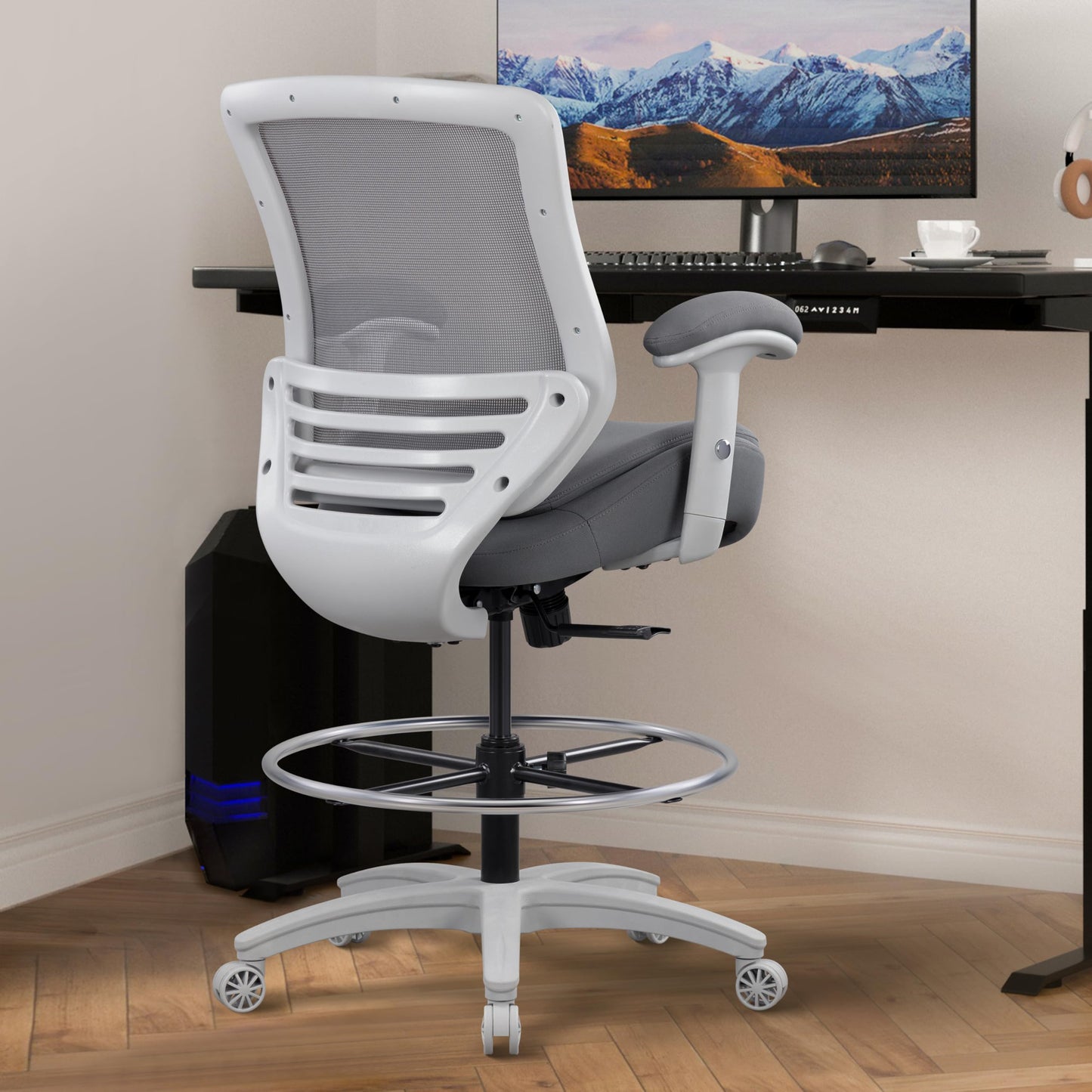 WITTLONG 400lbs Office Drafting Chair Wide Dual Seat Cushion Height Adjustable Armrest for High Standing Desk with Lumbar Support and Enlarged Adjustable Footrest (Light Gray Frame Light Gray Fabric)