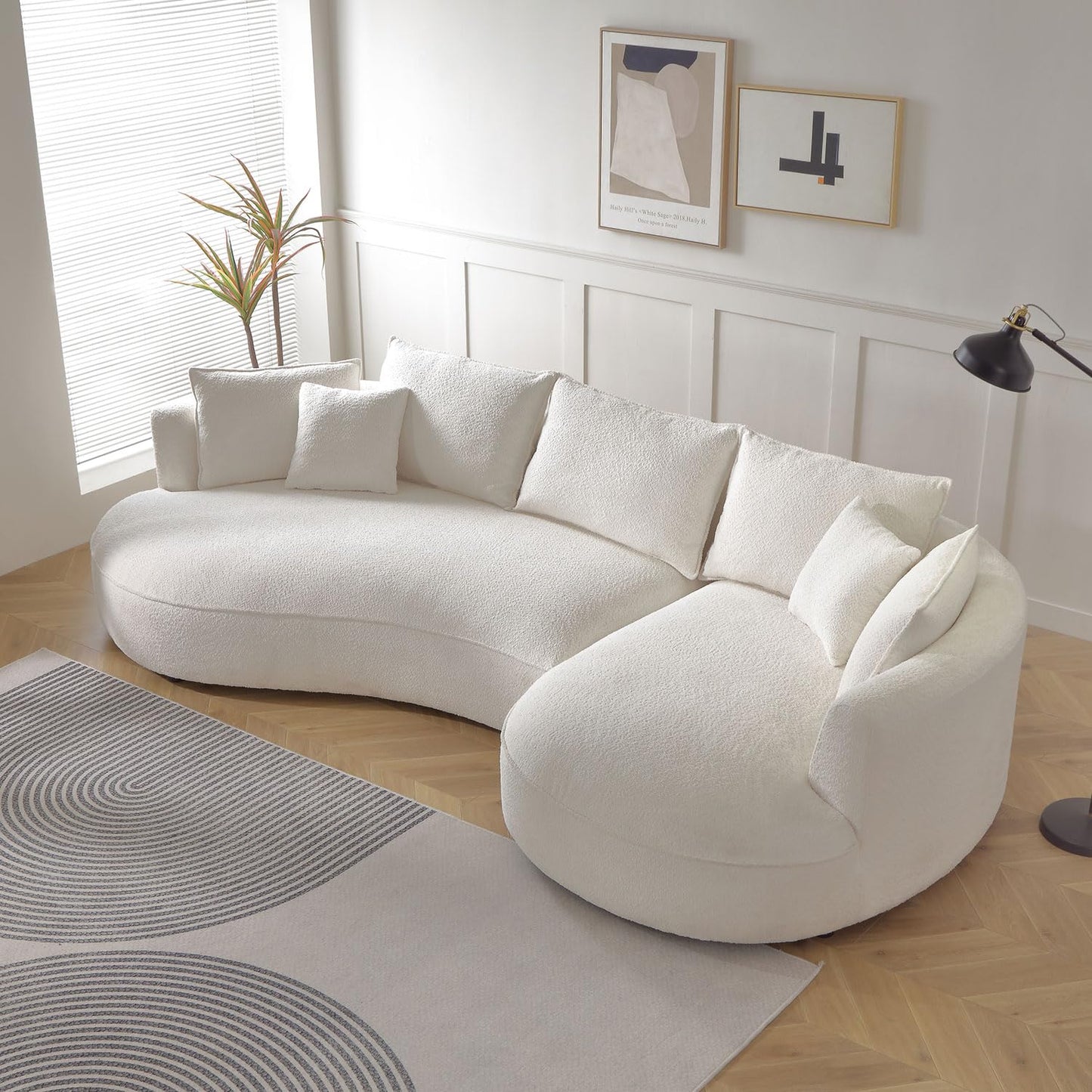 KEIKI 129" Luxury Curved Boucle Sectional Sofa with Right Chaise, Upholstered Modern Style Oversized 5-Seater Couch with Thickened Seat Cushions, Easy Assembly, for Apartment, Living Room, White