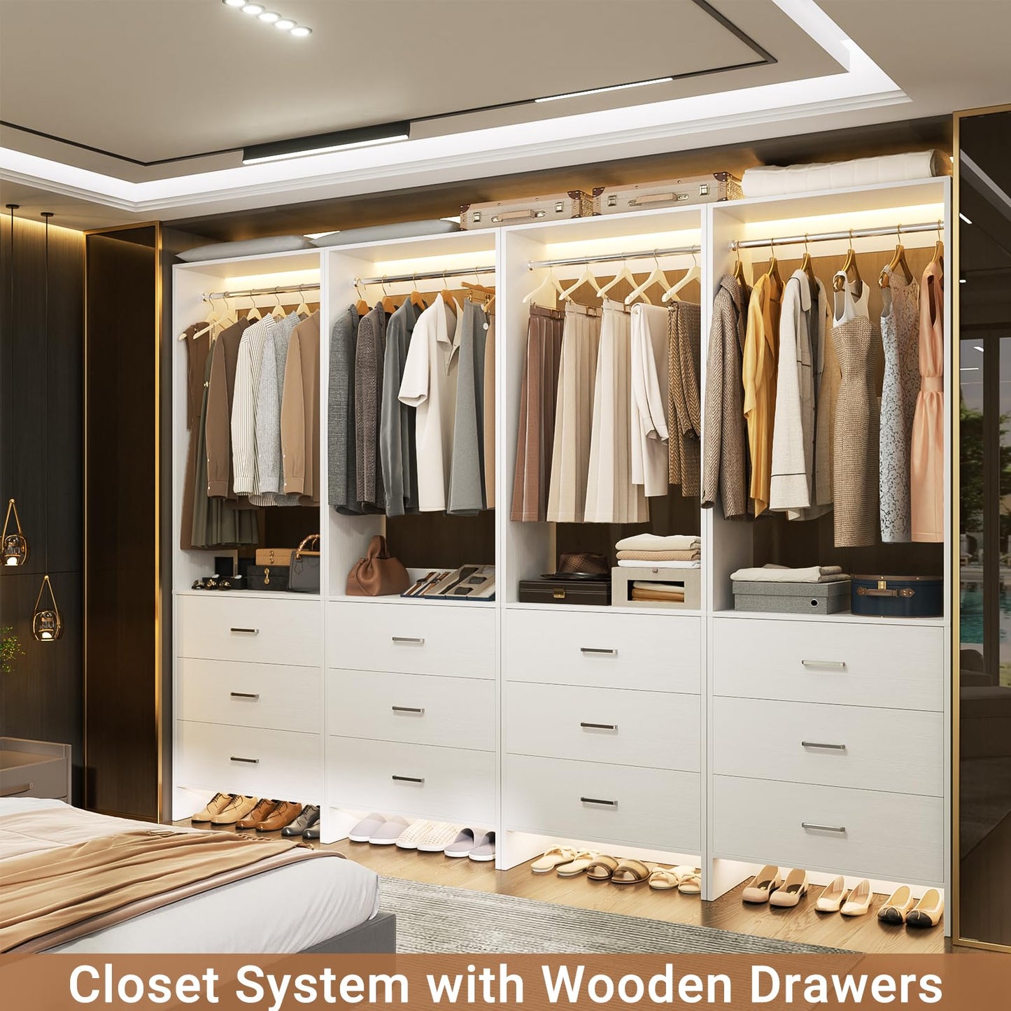 Aheaplus Closet System Closet Organizer, Wood Closets Organizer System, Walk-in Closet or Wardrobe, Clothes Rack with Hanging Rods, 8FT Closets, Set of 4, White
