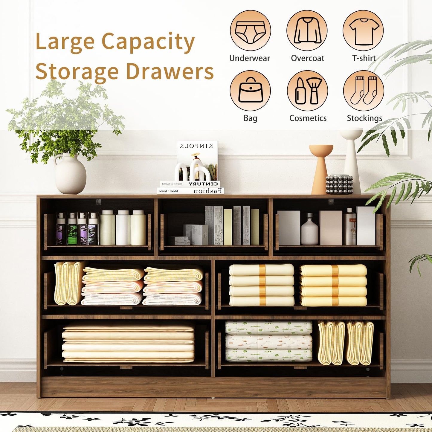 Sscaktu 7 Drawer Dresser and Nightstand Sets for Bedroom, 3 Pcs Bedroom Set，Night Stand Set of 2 & 7 Drawer Dresser with Gold Handles, Wood Chest of Drawers Mid Century Storage Cabinet Set, Natural