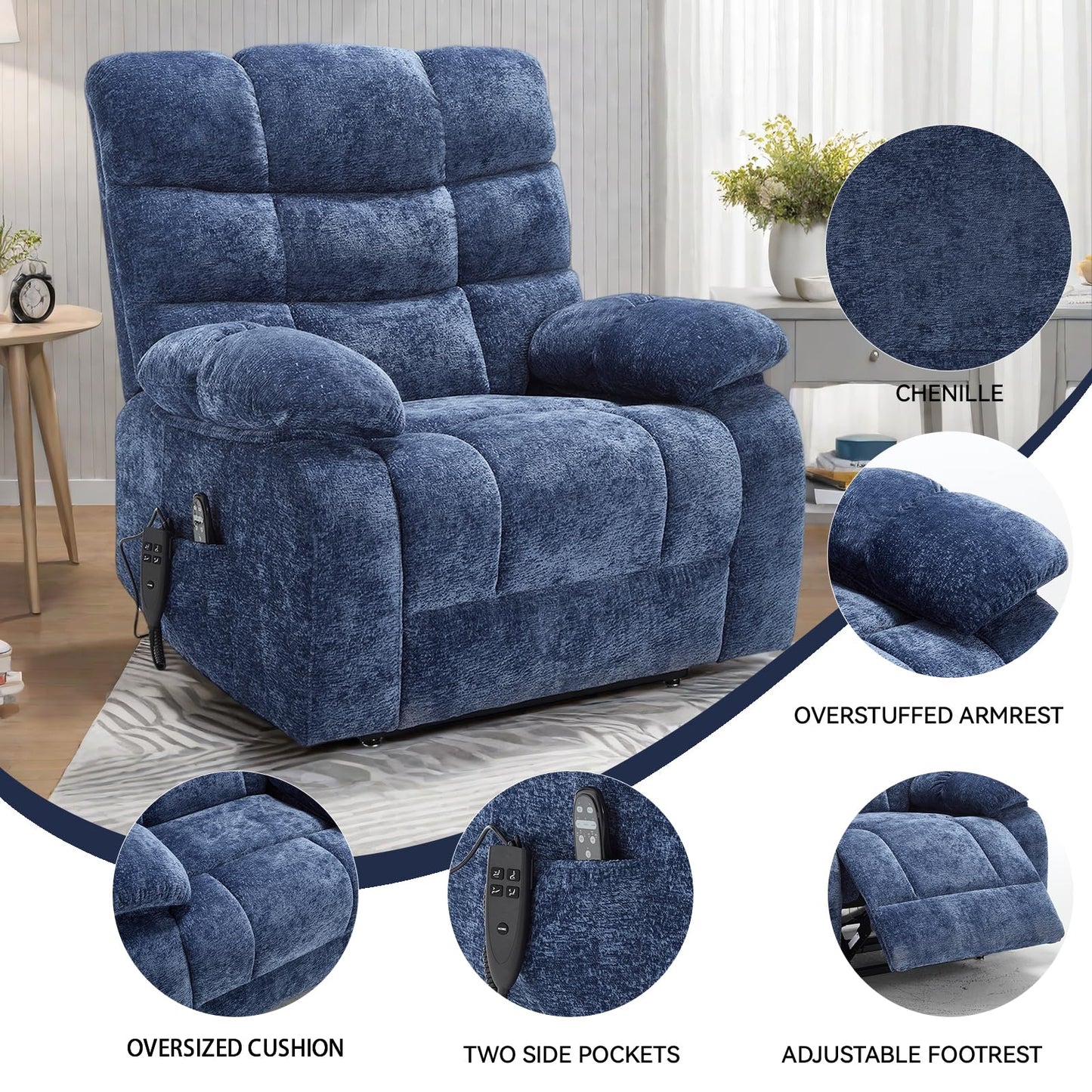 KEIKI Oversized Dual Motor Power Lift Recliner Chair for Elderly, Chenille Upholstery Breathable Rocking Chair with Back Massager and Heated, Cozy Family Room and Entertainment Hub, Blue