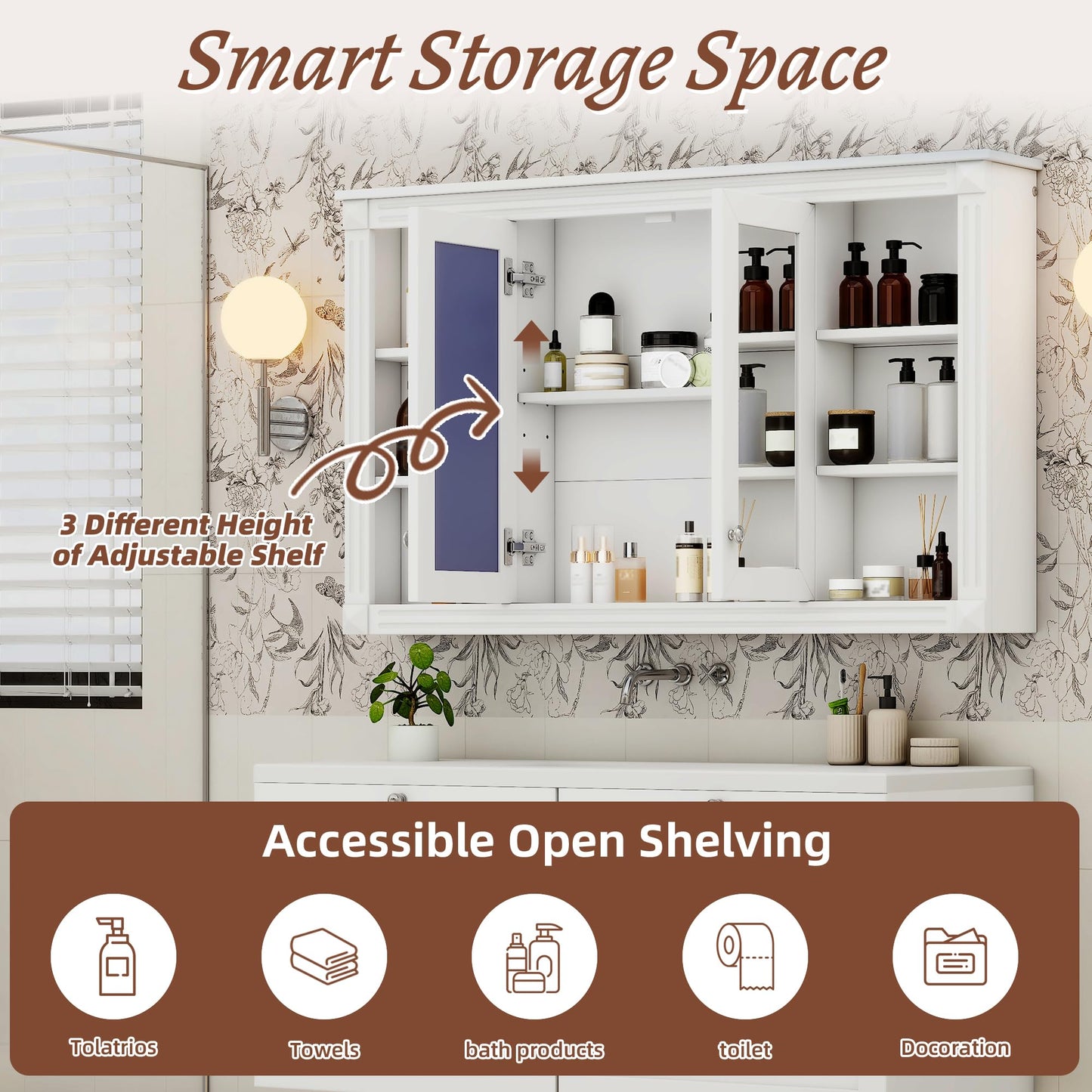 Merax Bathroom Medicine Cabinet with Mirror Door & Adjustable Shelf, 48" x 28" Wall Mounted Bathroom Storage Cabinet with Mirror, Over The Toilet