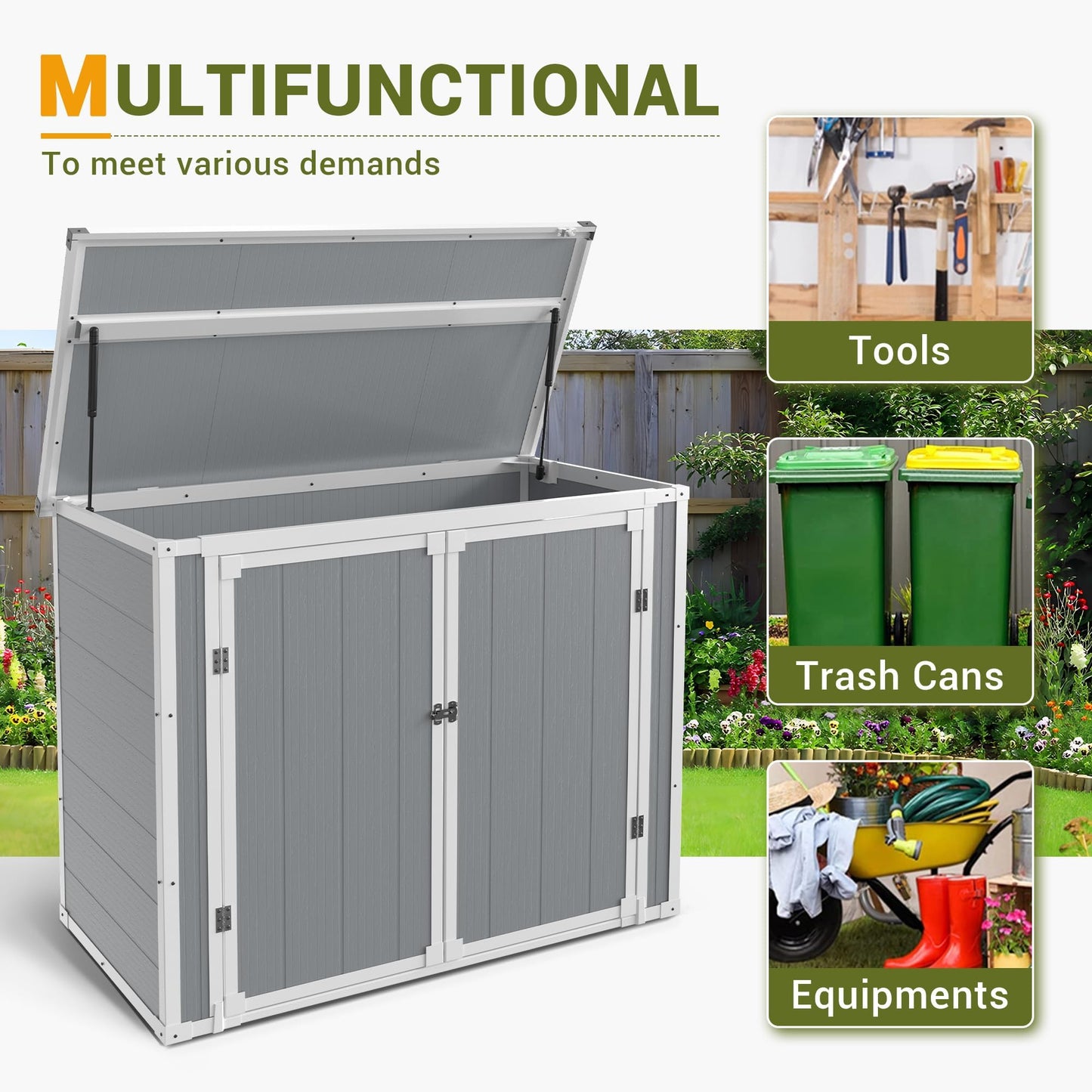 Storage Shed Outdoor Weatherproof Resin Storage Shed with Floor 41 Cu.Ft with Gas Spring, Lockable Doors for Trash Can Storage, Garden Tools, Suitable for patios, Poolside（Light Grey）