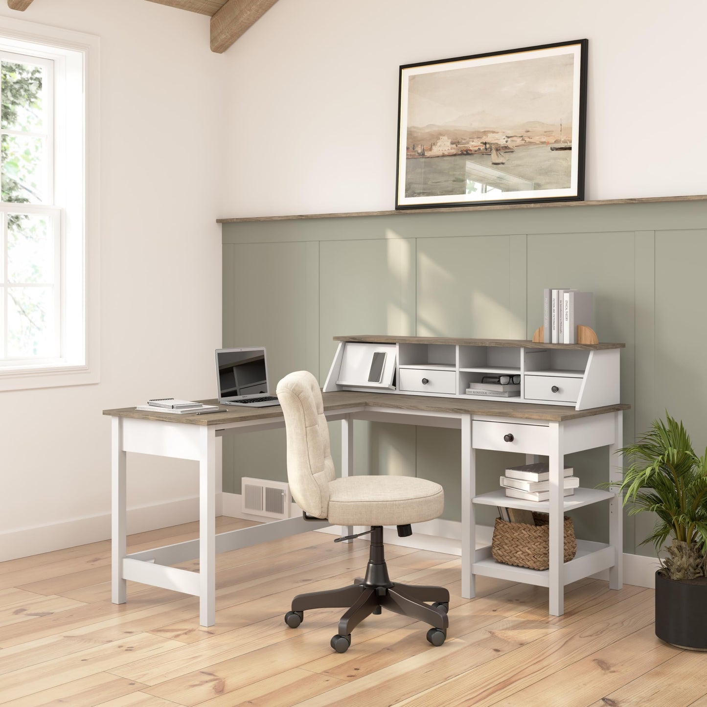 Bush Home Mayfield 60W L Shaped Computer Desk with Desktop Organizer in Pure White and Shiplap Gray