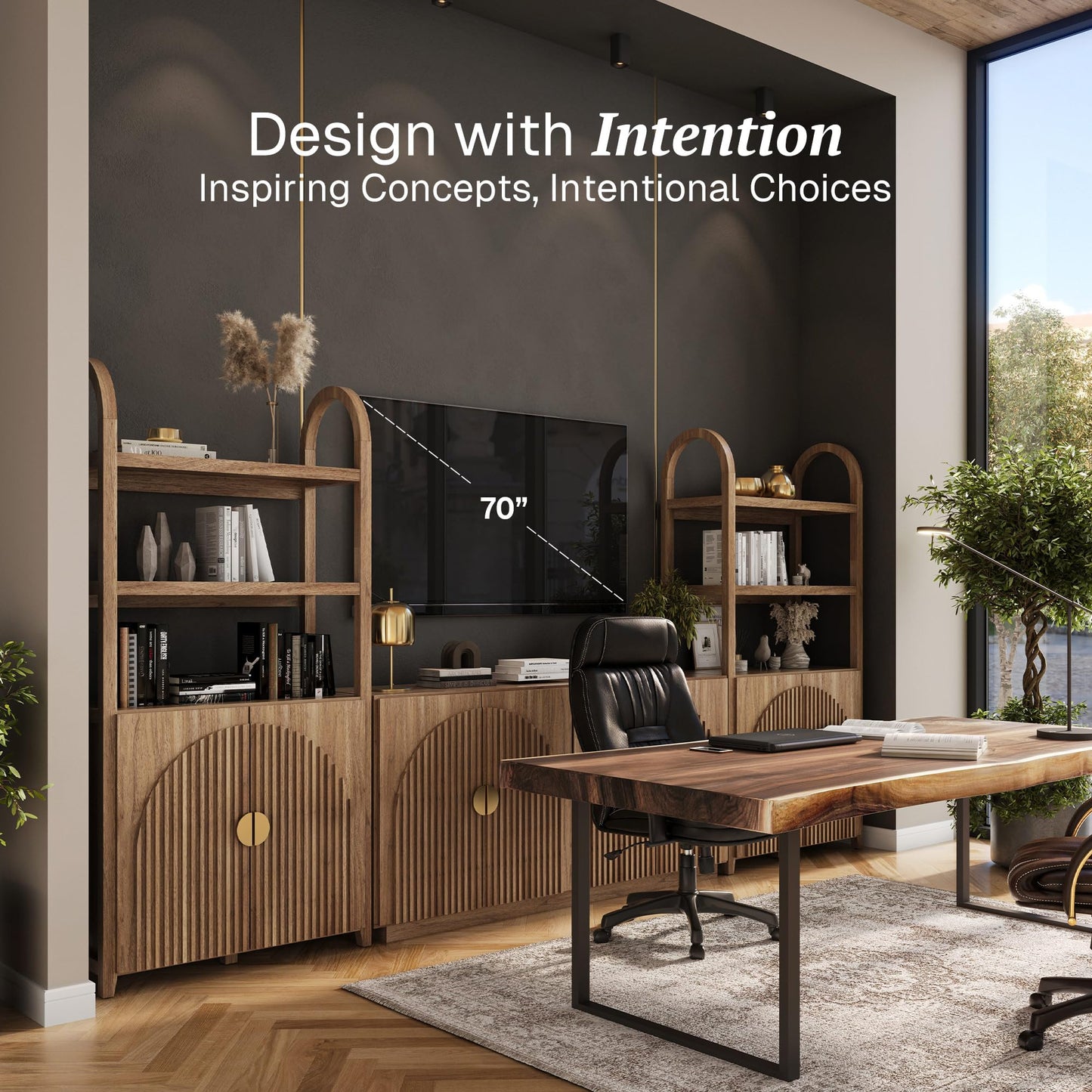 BELLEZE 4-Piece Modular Arched TV Stand Entertainment Center Set, Mid Century Modern 2 Piece 72″ Tall Storage Cabinets and 2 piece 65″ Fluted TV Console for Living Room(Caramel Brown)