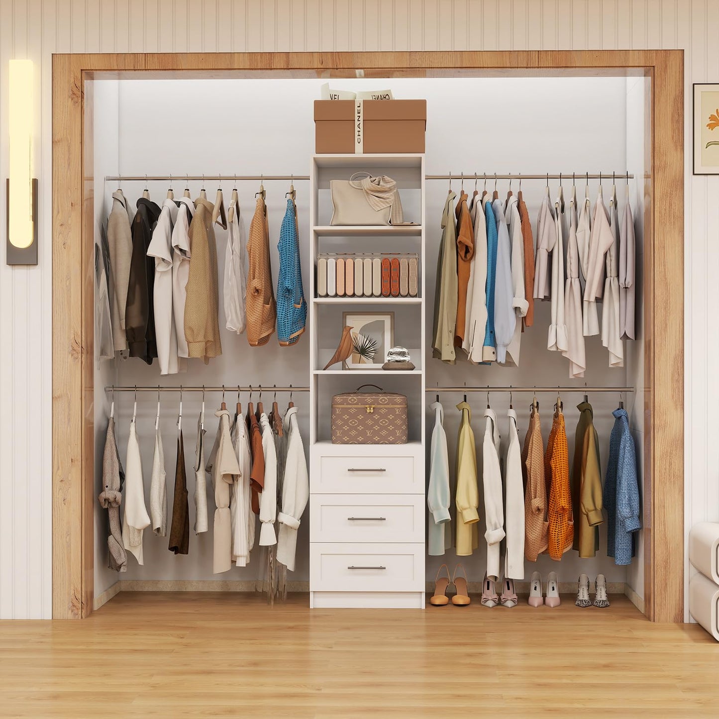 Closet System with Drawers, 5FT-9FT Custom Closet Organizer System 114.9" Walk in Wood Closet Storage System with 4 Expandable Hanging Rods Wall Mount White