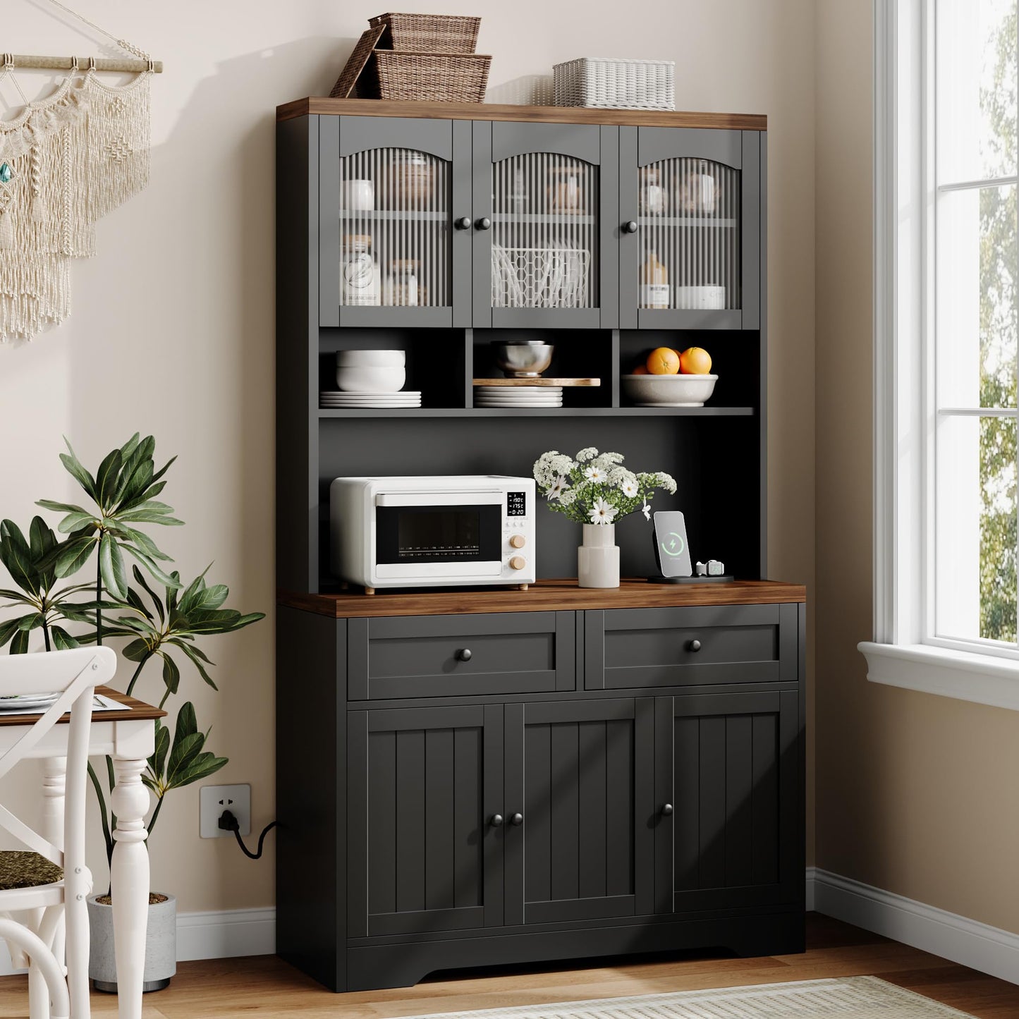 Garvee 71" Pantry Cabinet with Charging Station, Tall Kitchen Pantry Storage Cabinet with Microwave Stand, Farmhouse Kitchen Hutch with Storage Drawers for Living Room, Dining Room, Black