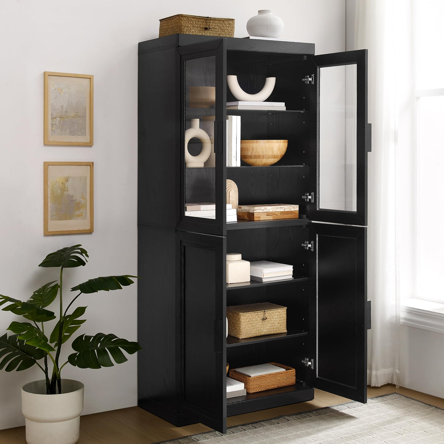 Crosley Furniture Essen Glass Door China Hutch Kitchen Pantry Storage Cabinet with Doors and Shelves, Black