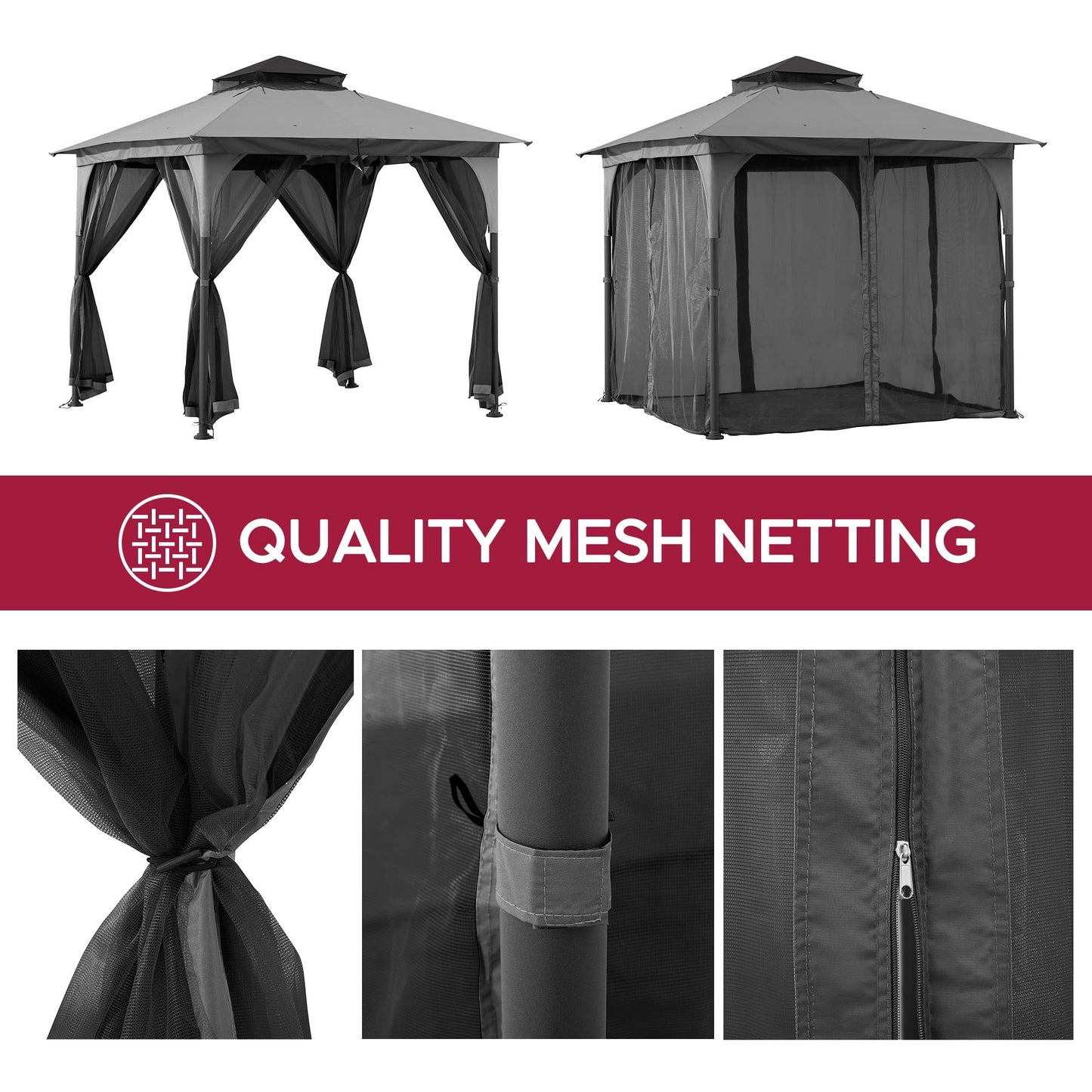 Sunjoy 9 ft. x 9 ft. Gazebo with 2-Tier Canopy Roof, Steel Frame Soft top Gazebo with Ceiling Hook and Mosquito Netting, Grey and Black