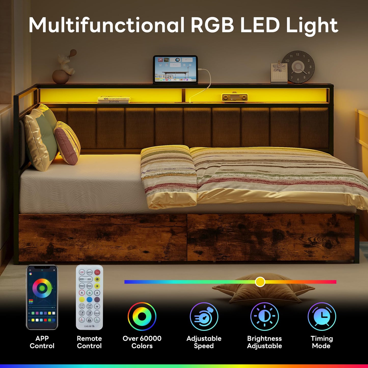 LIKIMIO Corner Bed Frame Twin Daybed with Storage Drawers, Metal Platform Bed Frame with LED Light, Charging Station & Fabric Upholstered Fence, Black