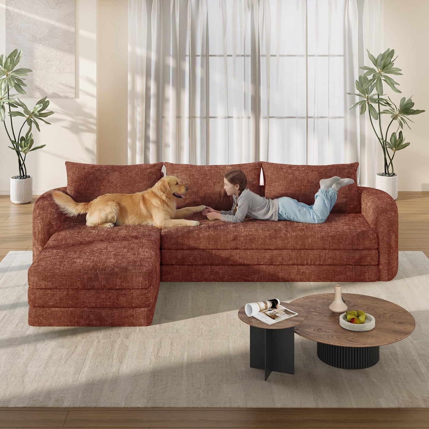 Vesgantti 110.2" Modular Sectional Sofa with Curved Armrest, 6 in 1 Convertible Folding Sleeper Sofa Bed, Chenille Boneless Couch for Living Room, No Assembly Required, Orange, Left Facing Chaise