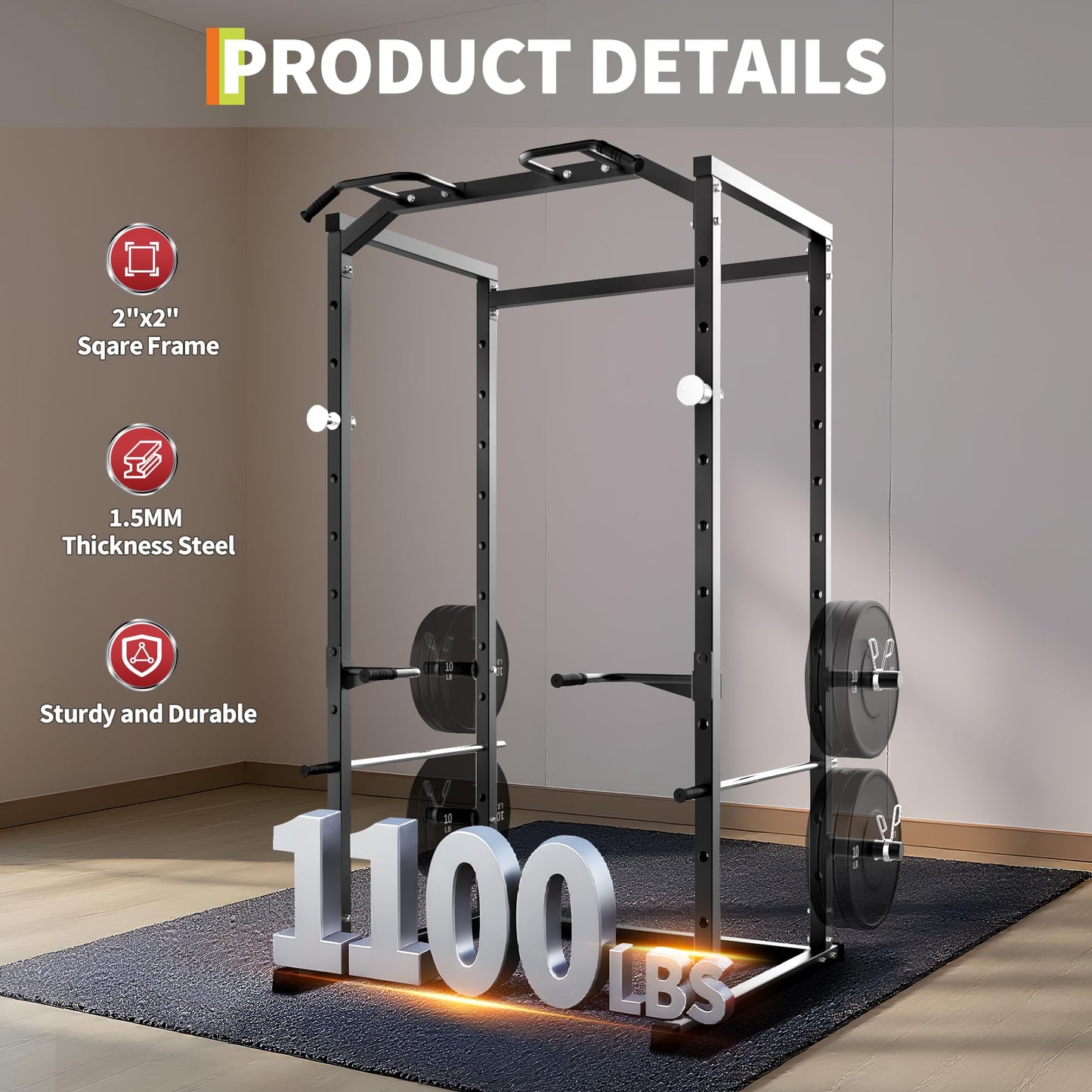 ActiveTrail Heavy-Duty Power Cage with Pull-Up Bar, 1100LB Capacity Squat Rack for Home Gym Strength Training with Adjustable j-Hooks & Safety Bars