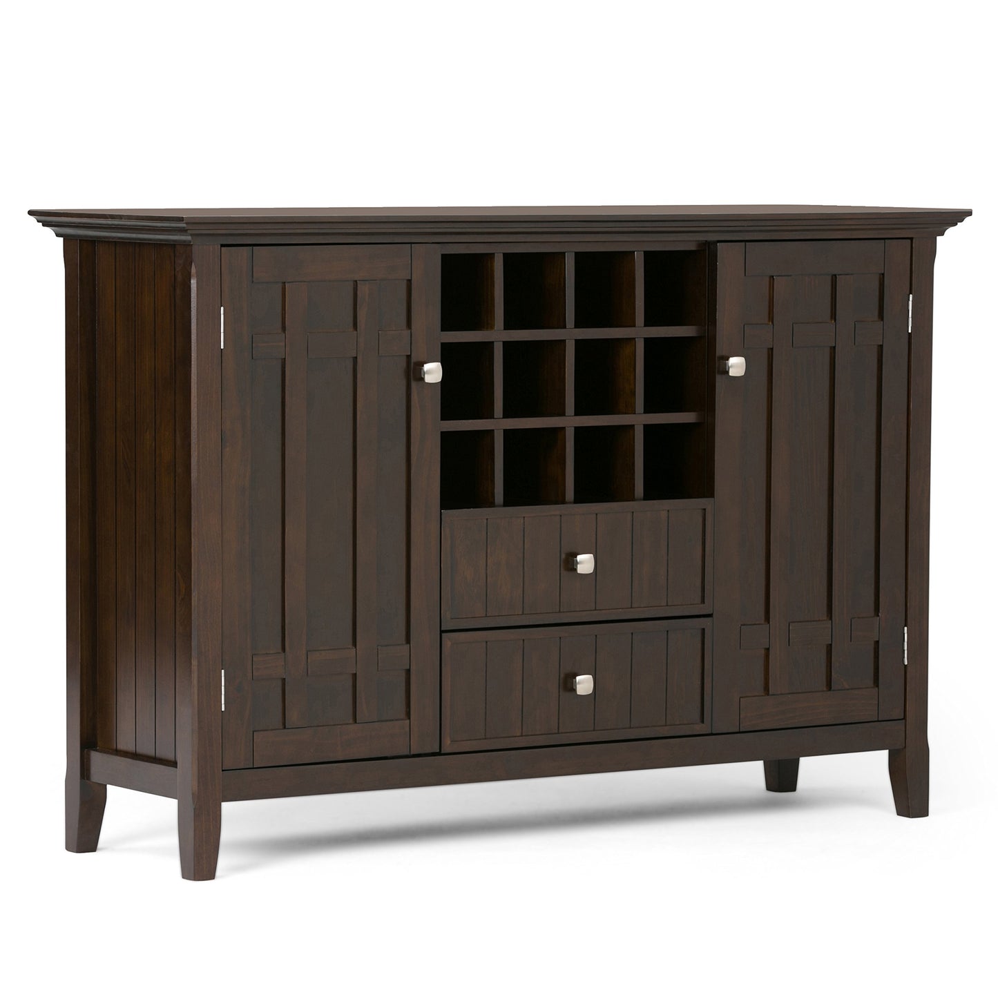 SIMPLIHOME Bedford Buffet - 54 inch Wide Solid Wood 3-Door Sideboard Buffet with Wine Rack in Brunette Brown, Transitional Cabinet for Dining Room or Kitchen with Adjustable Shelves