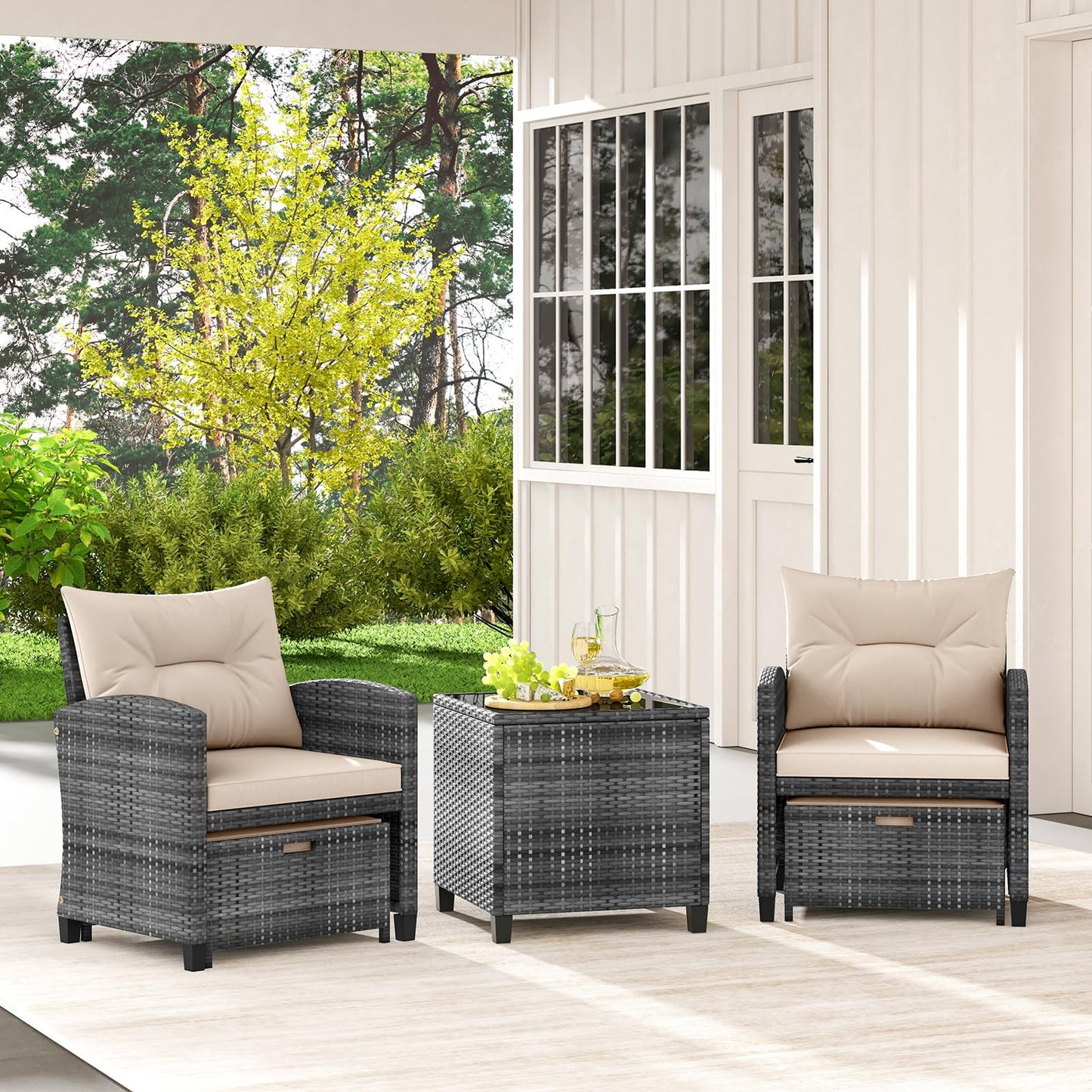 Tangkula 5 Pieces Patio Conversation Set, PE Wicker Rattan Outdoor Furniture Set with 2 Chairs, 2 Ottomans & Tempered Glass Coffee Table, Ideal for Poolside, Backyard, Lawn, Deck, Mix Grey & Beige