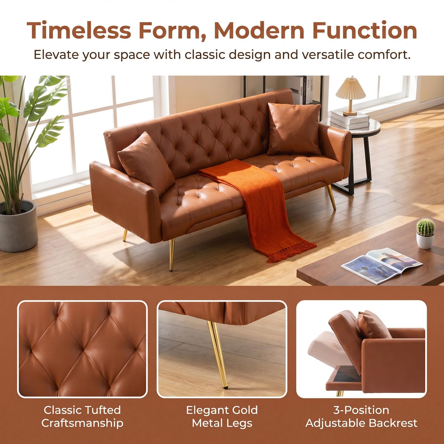 Trygoal Futon Sofa Bed, PU Leather Futon Couch Bed with Adjustable Backrest, Convertible Sofa Beds with 2 Throw Pillows, Small Couches for Small Spaces, Apartment, Bedroom, Living Room, Brown