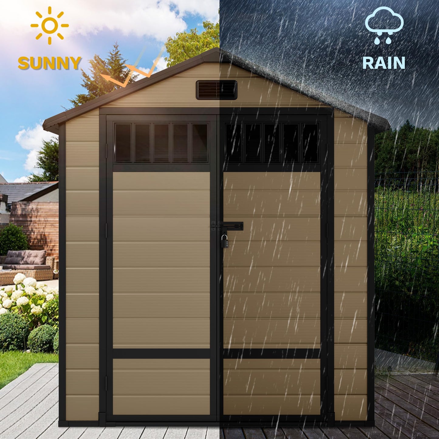 DWVO Outdoor Storage Shed, All-Weather Resin Plastic Storage Shed with Windows, Slanted Roof, Raised Floor, Capacity for Garden Tools/Equipment, Ideal for Backyard Garden