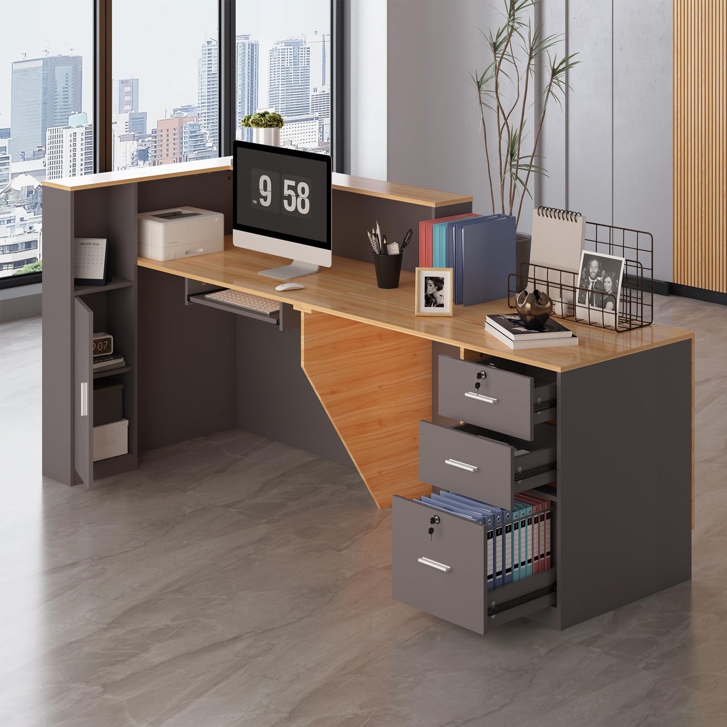 L-Shaped Reception Desk with Lockable Drawers, Adjustable File Cabinet & Keyboard Tray, Modern Front Counter for Office, Salon, or Lobby (Right-L Natural Wood/Slate Gray, 70.9''L x 23.6''W x 41.3''H)